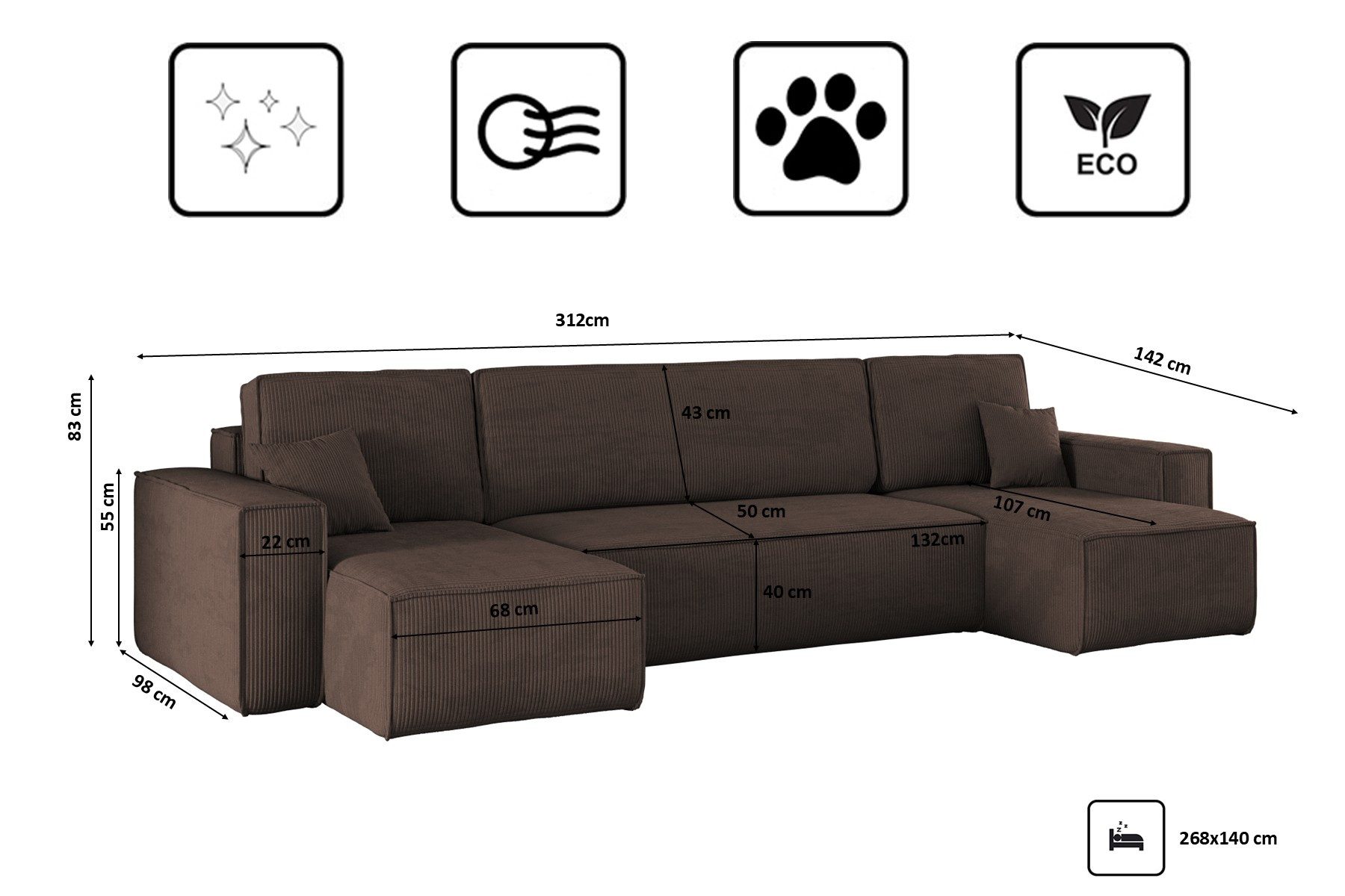 Kaiser Möbel Ecksofa mit schlaffunktion und bettkasten, Couch U-form BEST stoff Poso, Schlaffunktion, Bettzeugaufbewahrung, universal