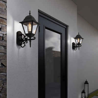 etc-shop Außen-Wandleuchte, Leuchtmittel nicht inklusive, 2er Set Fassaden Alu Glas Wand Leuchten schwarz Antik Stil