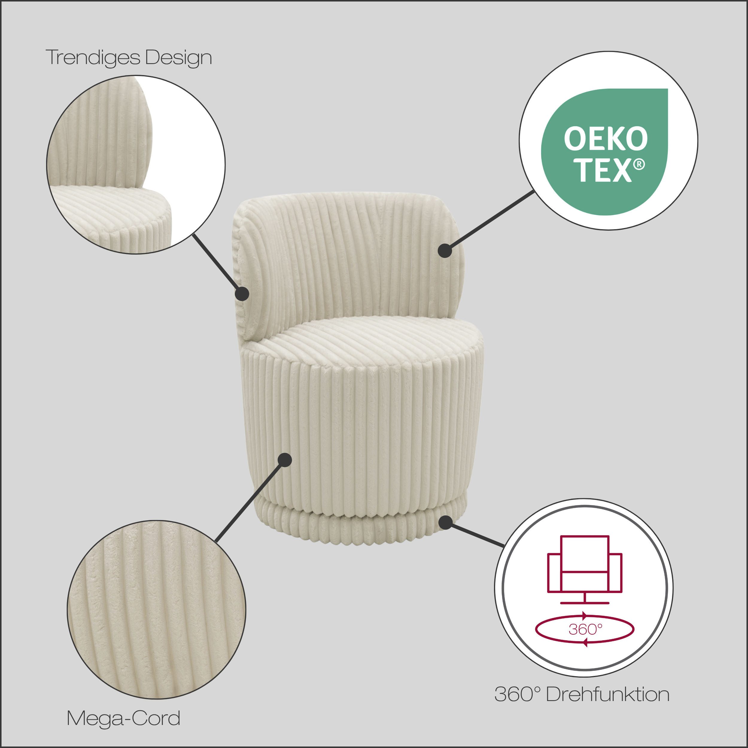 DOMO collection Sessel Ypres Loungesessel inkl. 360* Drehfunktion, Minimalistisches Design, Cord, creme