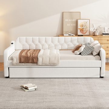 Flieks Daybett, Schlafsofa Tagesbett 90x200cm mit Ausziehbett und USB-Anschluss Leinen