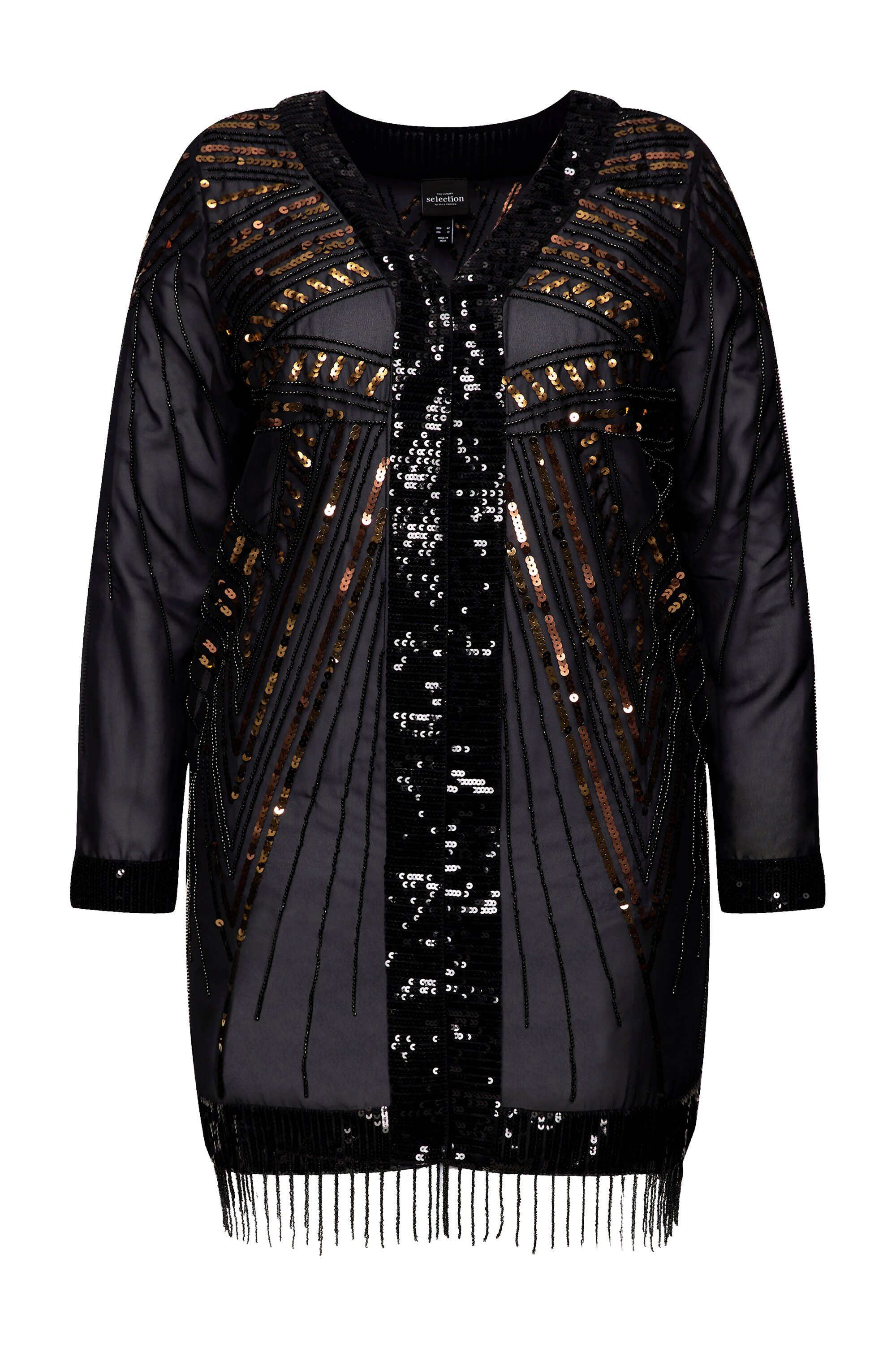 Ulla Popken Kimono Jacke Perlen Pailletten V-Ausschnitt Langarm, Langform, günstig online kaufen