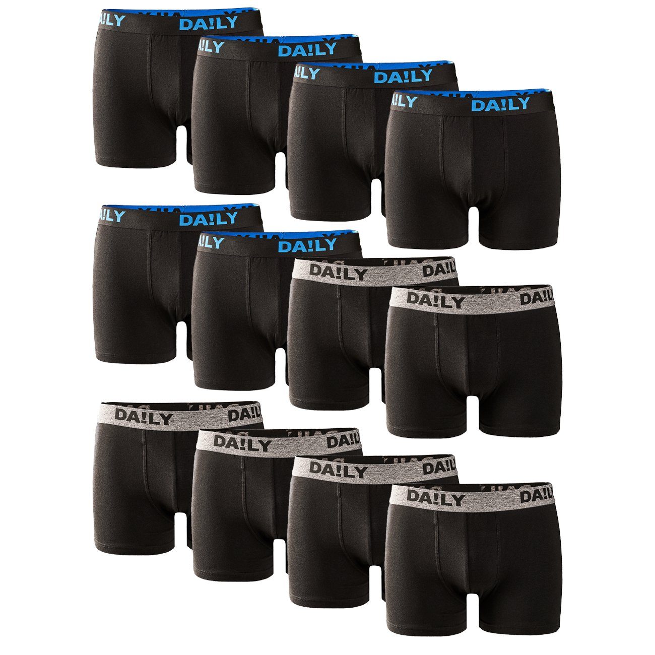 DA!LY UNDERWEAR Boxershorts Basic Boxer Retro Trunks (12-St) mit Stretch Schwarz/Blau & Grau/Schwarz