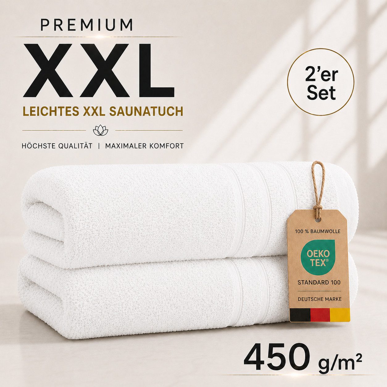 Komfortec Saunatuch 2er Set extra Große - Premium Badetuch - 80x200 XXL, Frottee (2-St), extra Große, 100% Baumwolle, Weich, Schnelltrocknend