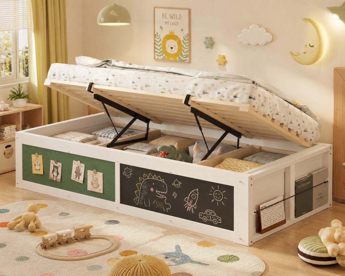 Flieks Kinderbett, Hydraulisches Holzbett Einzelbett 90x200cm mit Kreidetafel & Filztafel