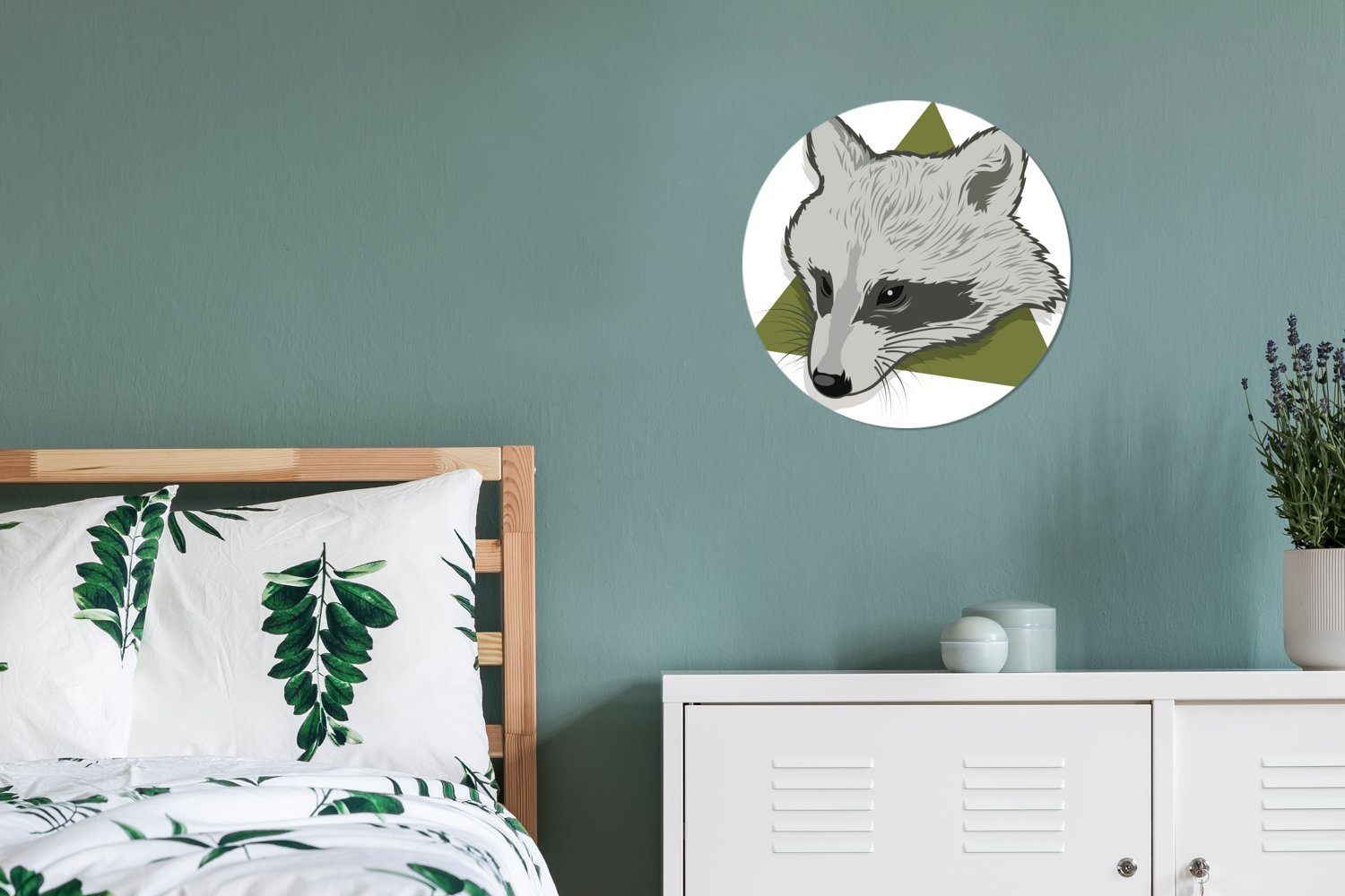 eines (1 Rund, Dreieck St), Tapetenaufkleber, in des Illustration Wohnzimmer Wandsticker einem grünen für Tapetenkreis Waschbären Kinderzimmer, MuchoWow Kopfes