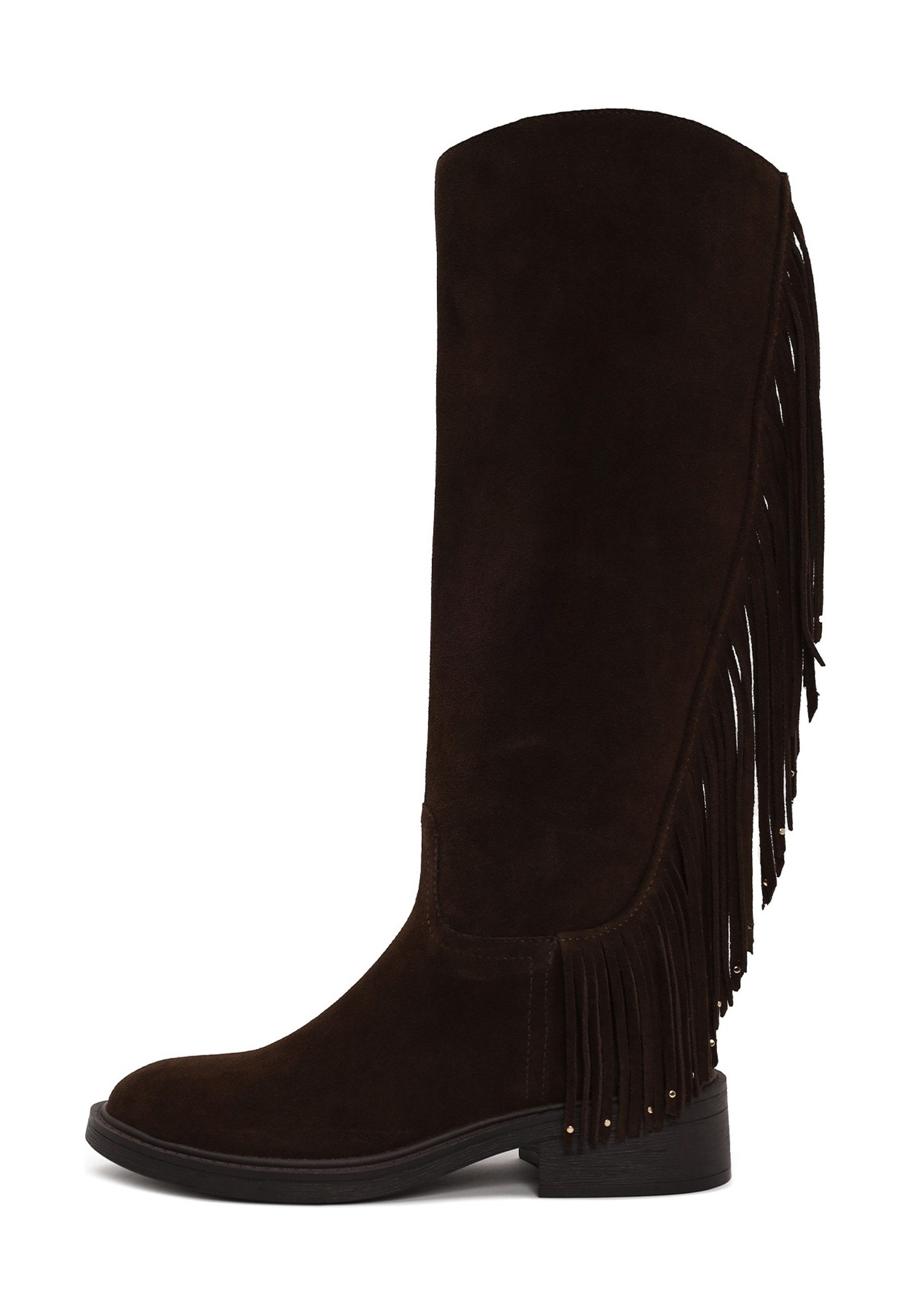 Derimod Veloursleder-Stiefel Mit Niedrigem Absatz Und Fransen Bootsschuh Echtes Wildleder, Kunstlederfutter, Gummisohle, Fransen-Detail