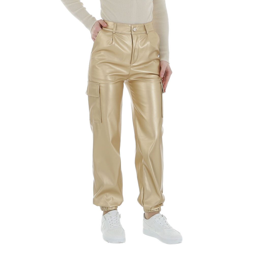 Ital-Design Lederimitathose Damen Freizeit (86365174) Stretch Jogginghose in Gold