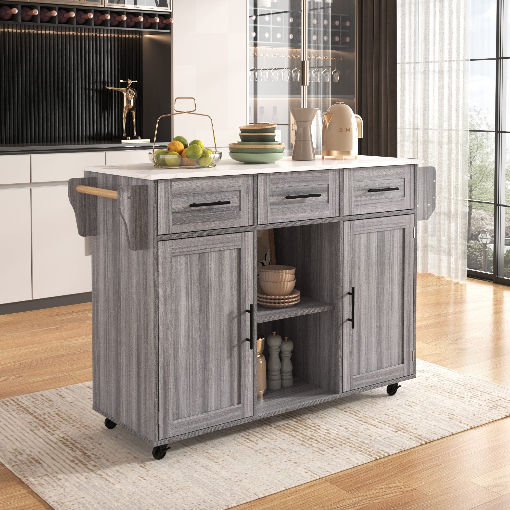 MODFU Sideboard Anrichte Küchenschrank Speisewagen (Kücheninse, Servierwagen, Küchenschrank, 1 St., 5 Räder, 3 Tür), mit Ausziehbare Arbeitsplatte,Massivholzbeine umschaltbar
