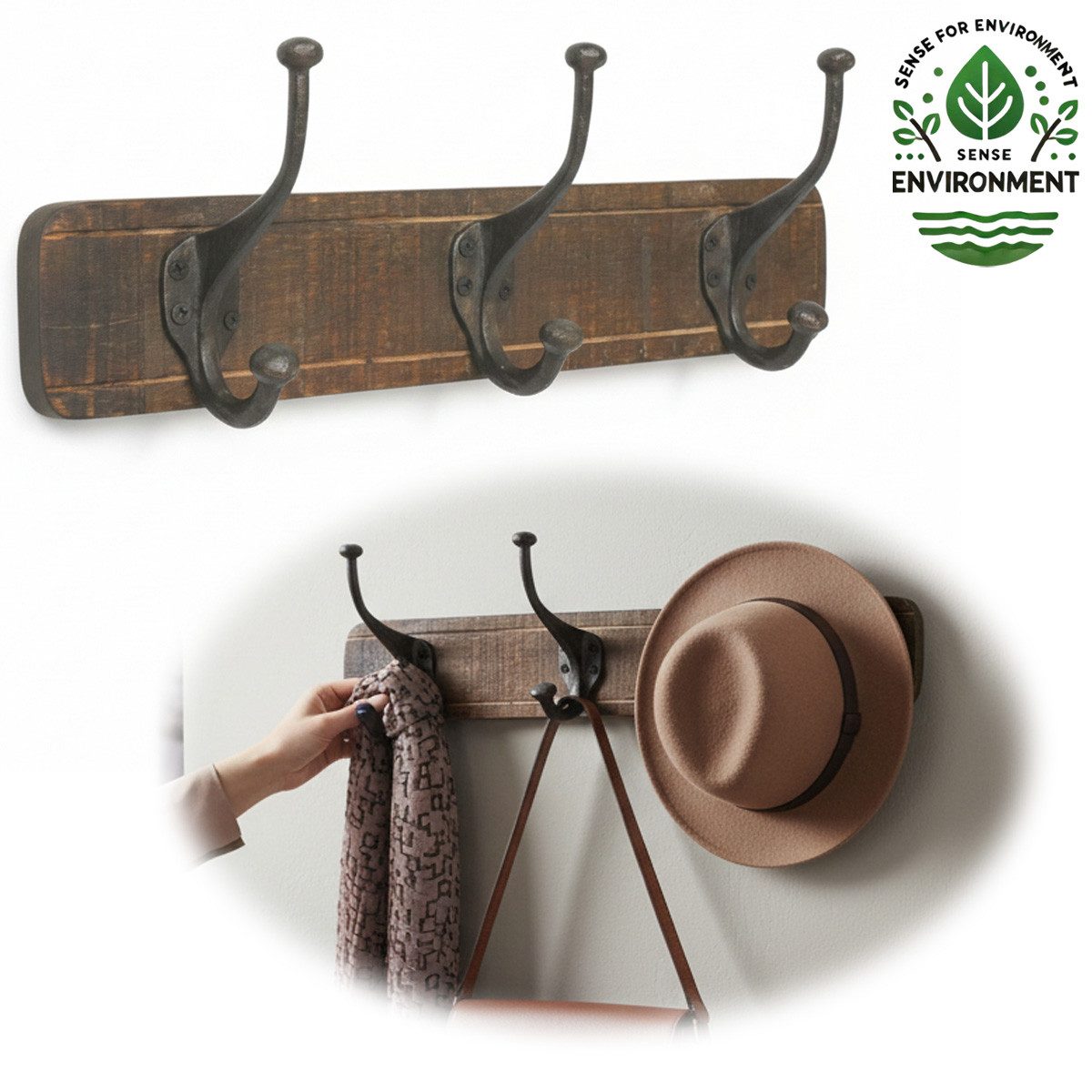 LS-LebenStil Wandgarderobe Vintage Teakholz Braun 45cm Garderobenleiste Garderobenhaken Garderobe (Nachhaltige Wandgarderobe 3 Haken 3-fach Doppelhaken -, Stabile Gusseisen Kleiderhaken Hakenleiste Mäntel Jacken)
