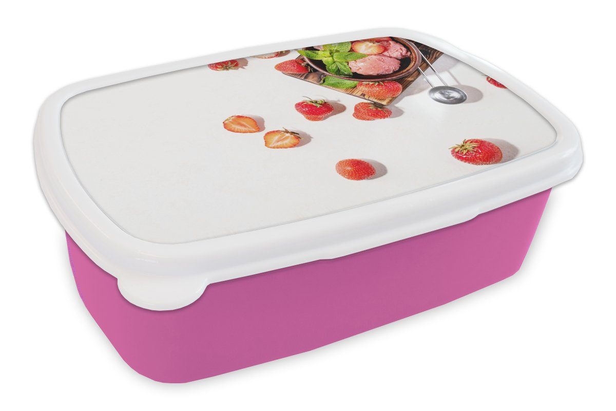 MuchoWow Lunchbox Erdbeere - Früchte - Kräuter - Eiszange, Kunststoff, (2-tlg), Brotbox für Erwachsene, Brotdose Kinder, Snackbox, Mädchen, Kunststoff rosa