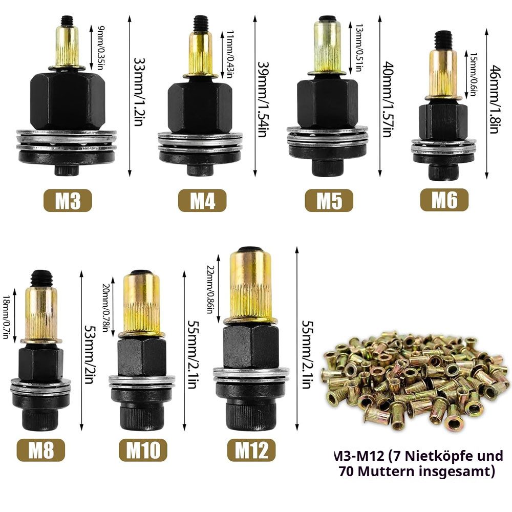 JOYOLEDER Nutstein 77 Stücke Nietmutternzange Set Einpressmuttern Handnietwerkzeug Set, (für M3 M4 M5 M6 M8 M10 M12 Manuelle Nietmaschine Zubehör)