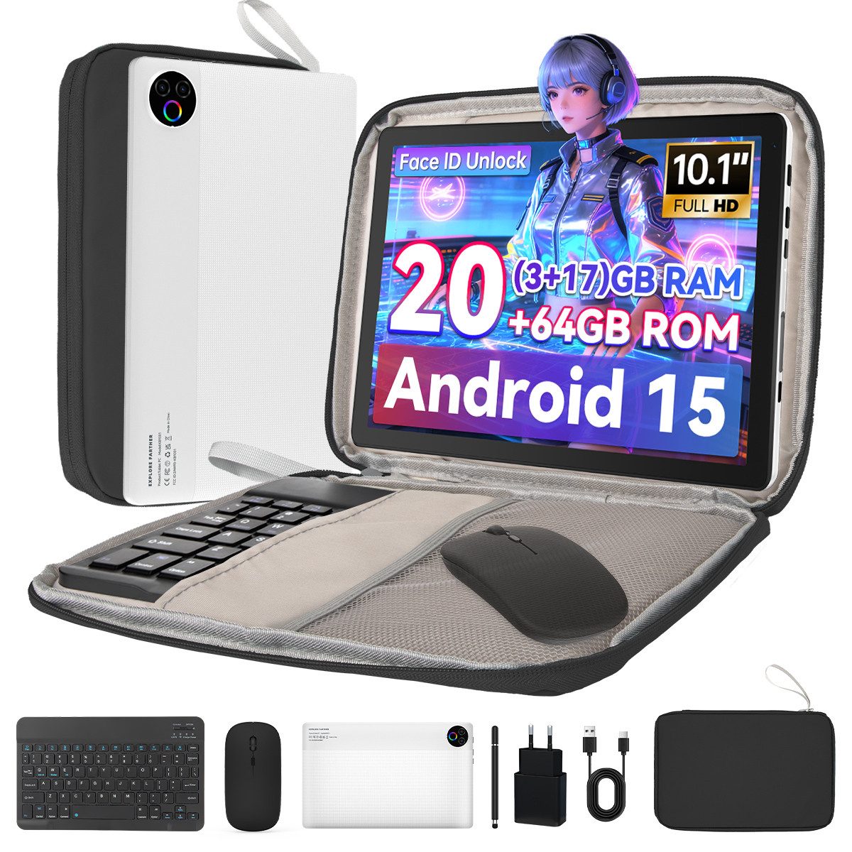 BUFO 10,1 Zoll 20(3+17)GB RAM 64GB ROM, Android 15, HD 1280x800, 5G WiFi Tablet (10,1", BT 5.4, WiFi 6, Dual-Kamera)