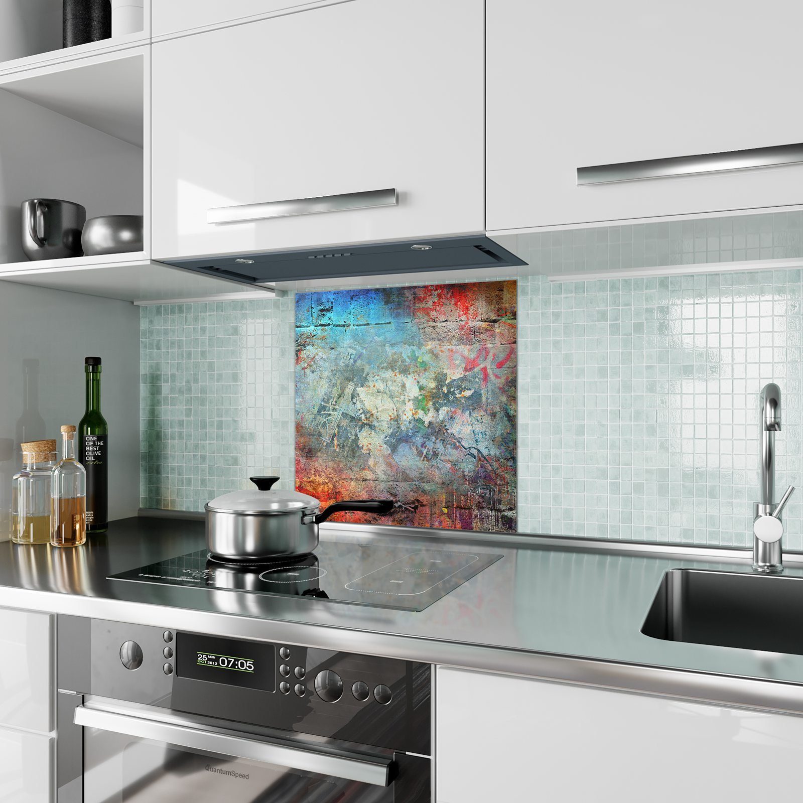 Küchenrückwand mit Bunter Küchenrückwand Spritzschutz Hintergrund Motiv Glas Primedeco
