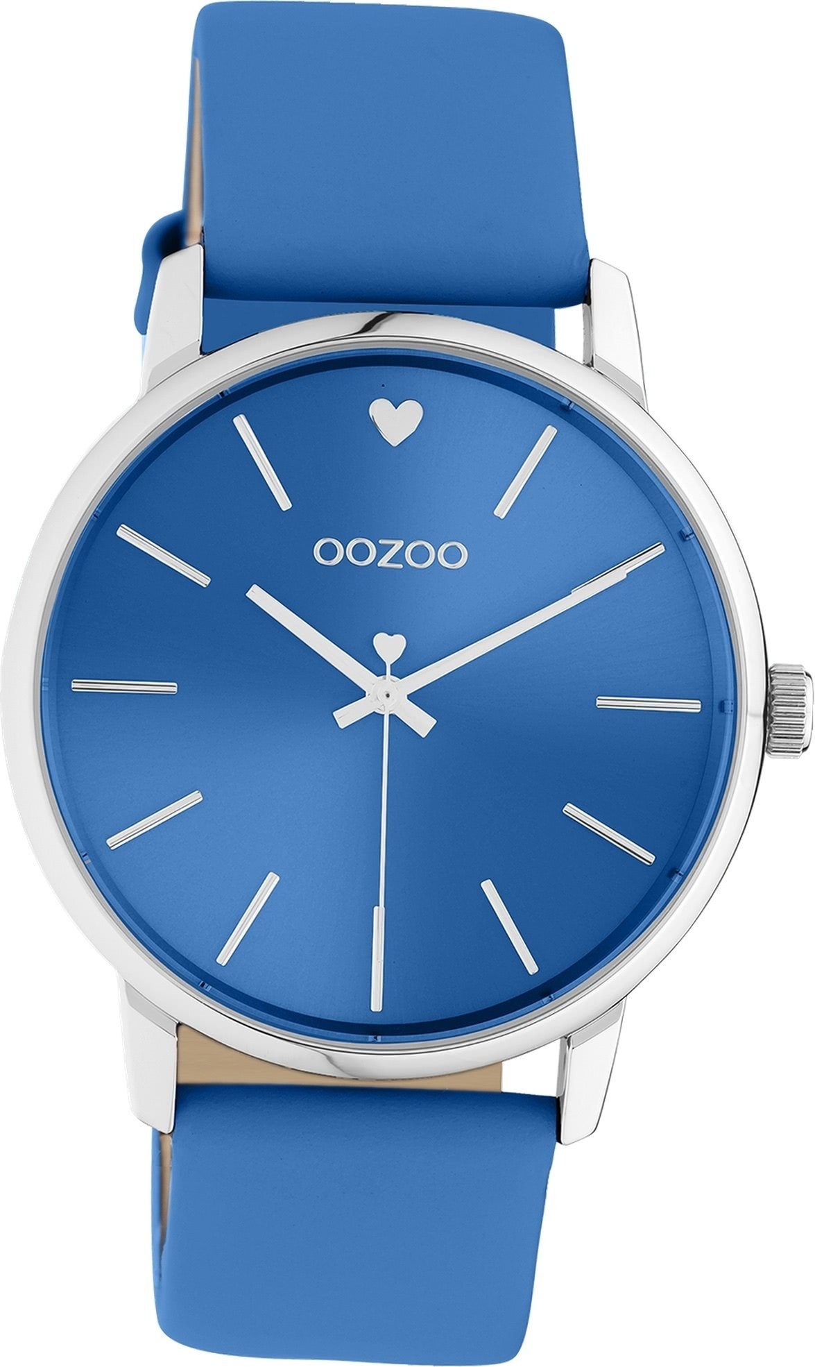 OOZOO Quarzuhr Oozoo Damen Armbanduhr Timepieces, Damenuhr Lederarmband blau, rundes Gehäuse, groß (ca. 40mm)