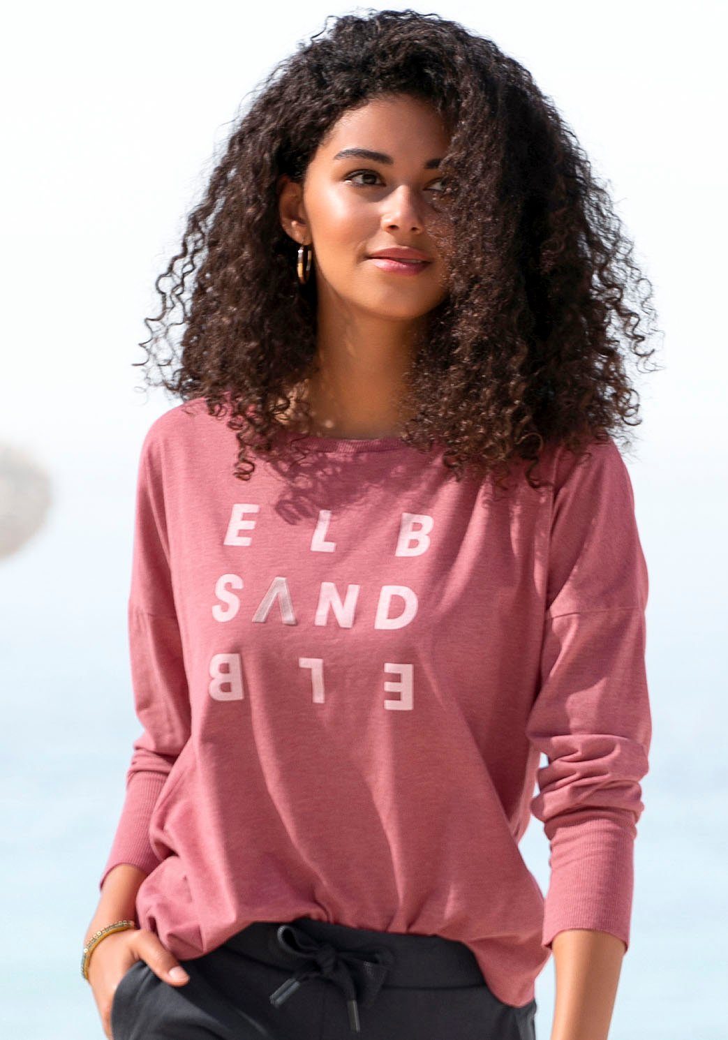 Elbsand Longsleeve Ingrun mit Logodruck vorne, Langarmshirt aus Baumwoll-Mix mauve-meliert