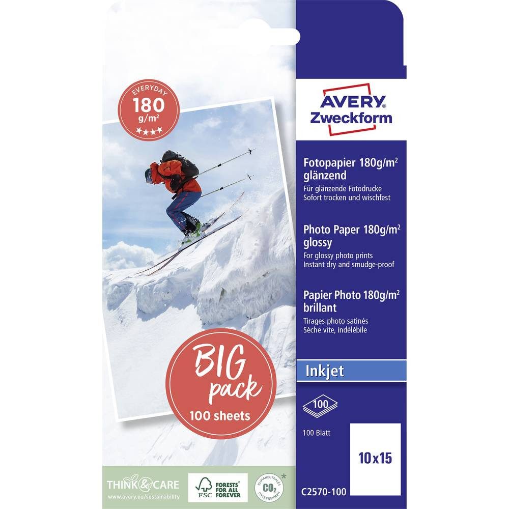 Avery Zweckform Fotopapier Avery Zweckform Art. Inkjet Fotopapier (100 Blatt, 180 g/m² C2570-100, Glänzend
