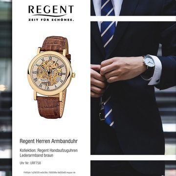 Regent Quarzuhr Regent Herren-Armbanduhr braun Analog F-758, Herren Armbanduhr rund, groß (ca. 40mm), Lederarmband