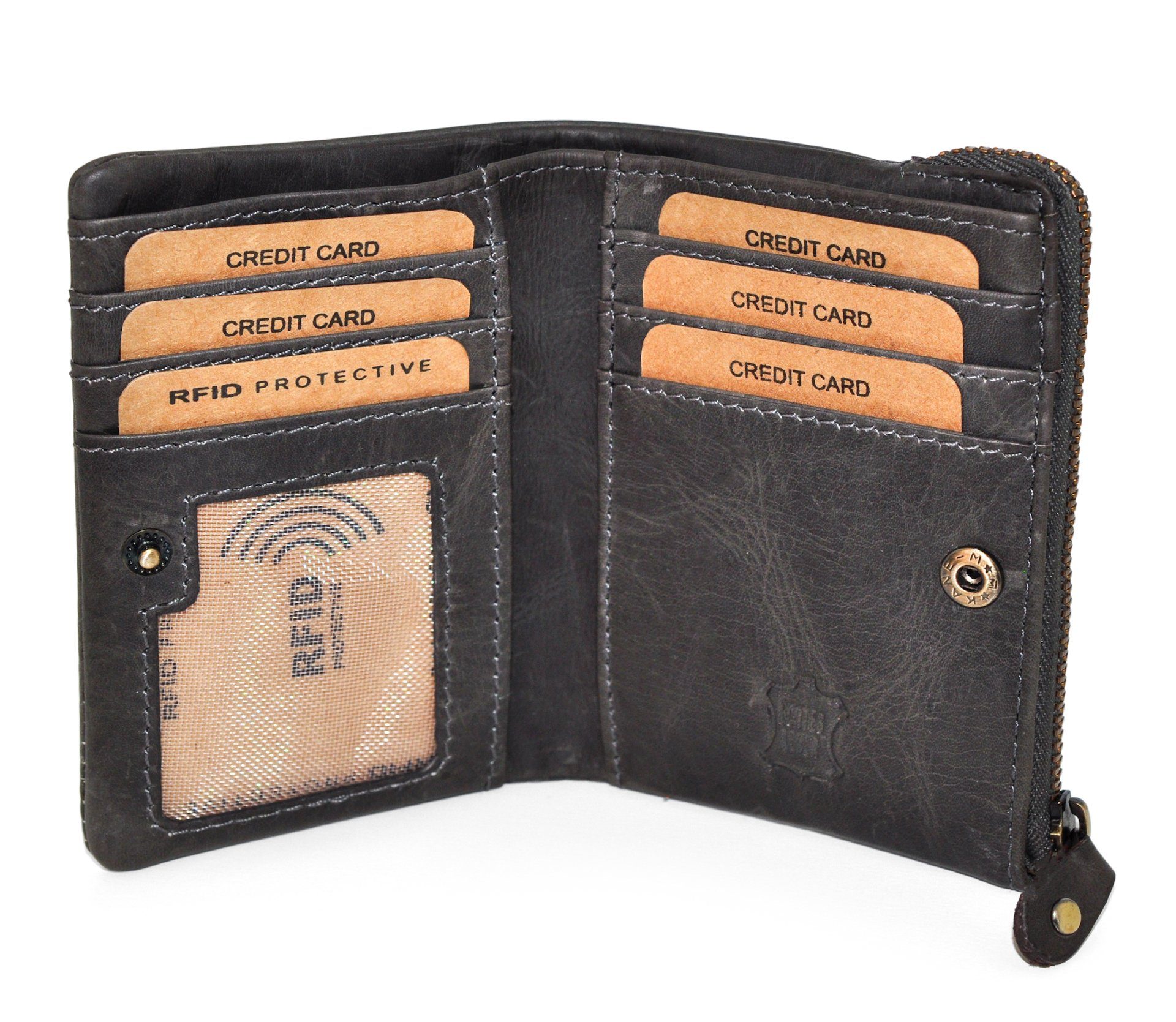 Benthill Geldbörse Klein Echt Schutz Reißverschlussfach RFID-Schutz Slim-Wallet, Grau Kartenfächer RFID Geldbeutel Leder Münzfach 6 Kartenfächer