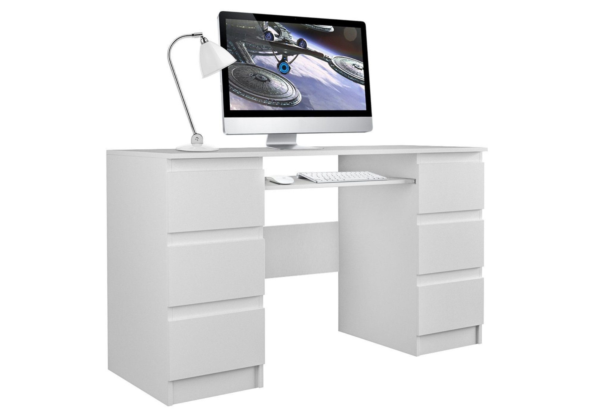 Home Collective Schreibtisch Arbeitstisch Bürotisch PC-Tisch weiß 130cm Breite 76cm Höhe, mit 6 Schubladen Holzwerkstoff