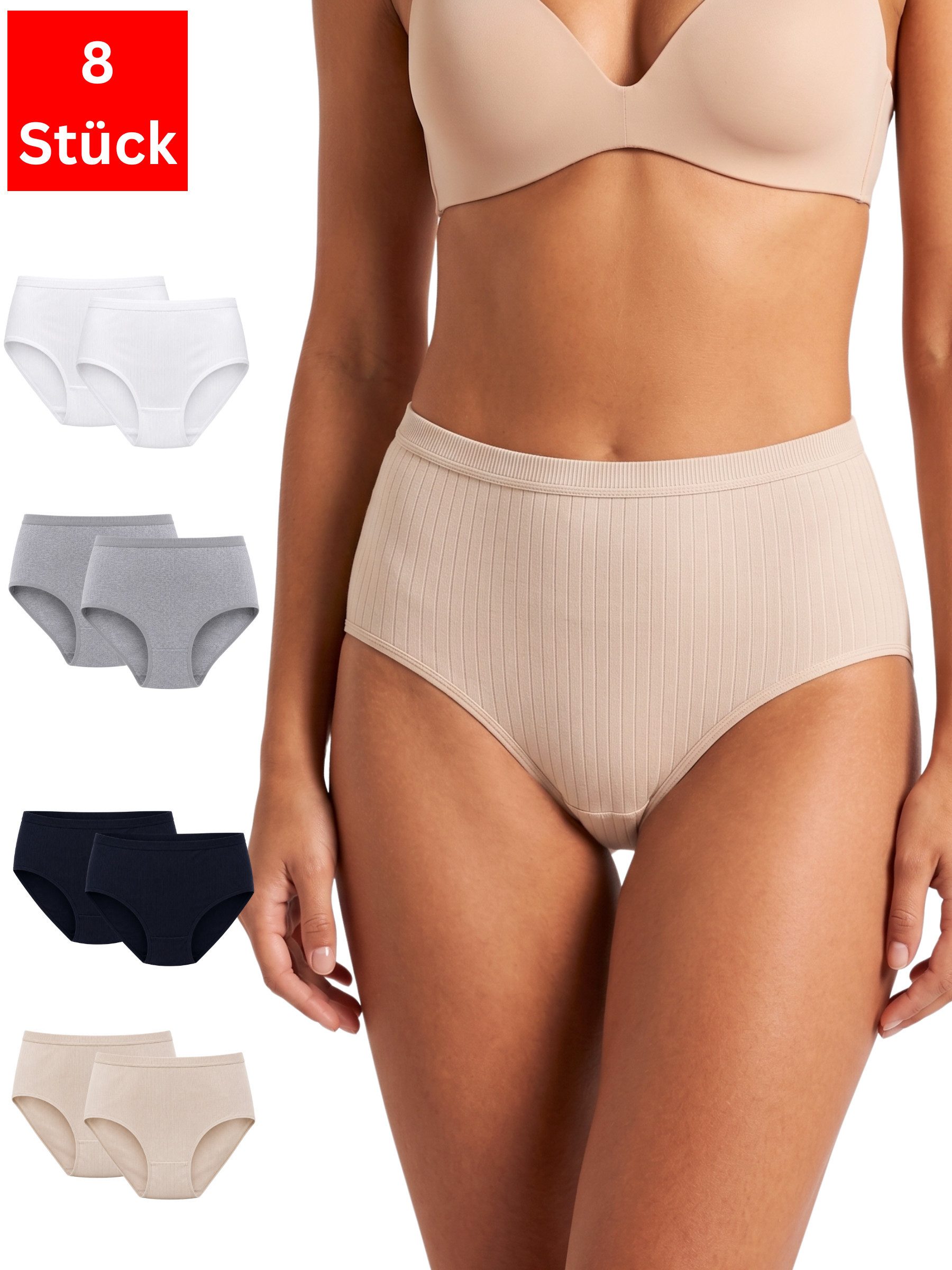 Elegant Love Taillenslip Damen High-Waist-Slips, Gerippte Baumwolle, Unterwäsche im Mehrpack (Packung, 8-St., 8er-Pack) Unterhosen in Rippenoptik: Bequeme Panties & Höschen im Bundle