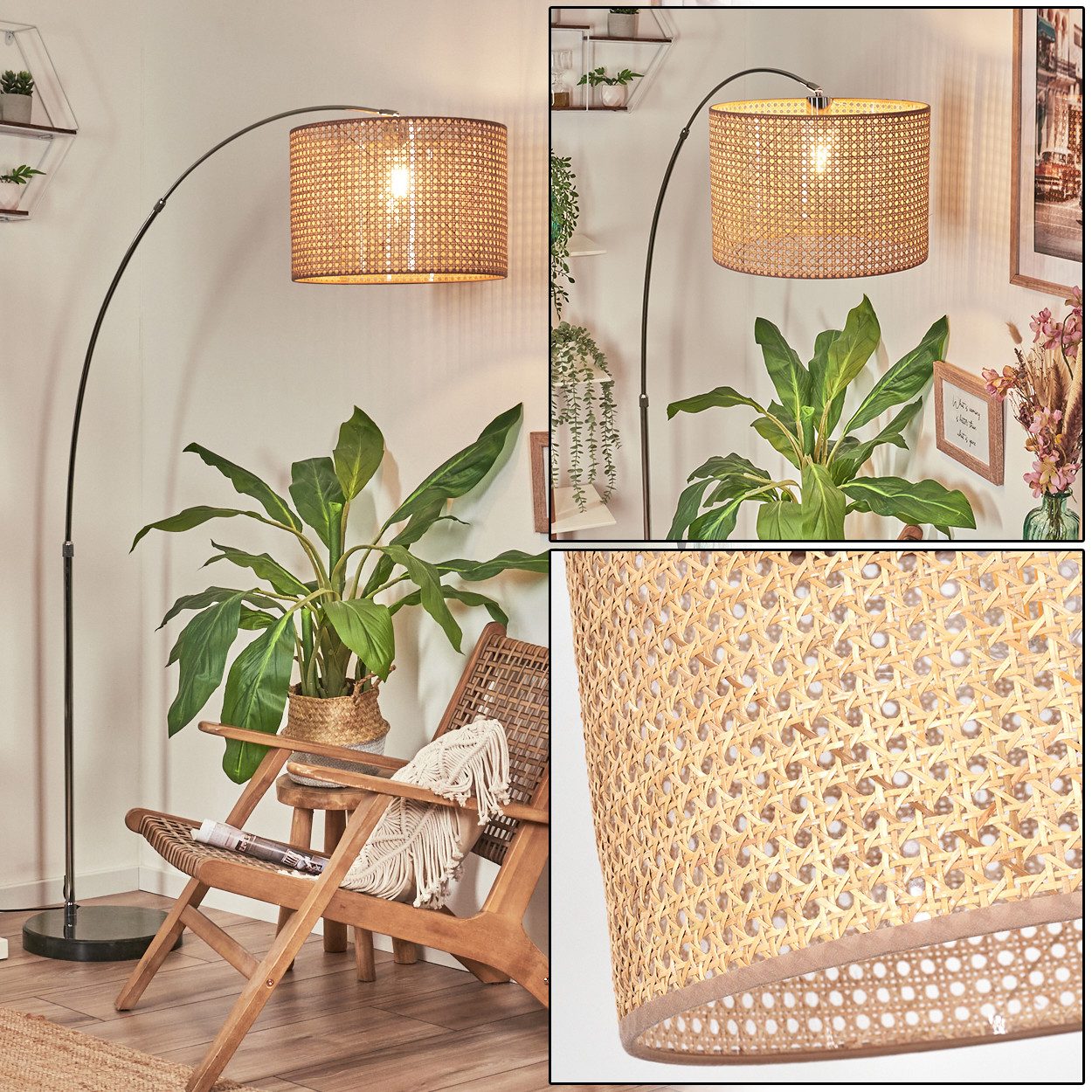hofstein Bogenlampe Stehlampe aus Metall/Rattan/Wienergeflecht, Schwarz/Chrom/Natur/Braun, verstellbare Stehleuchte mit Marmorfuß u.Fußschalter, Boho-Design, E27