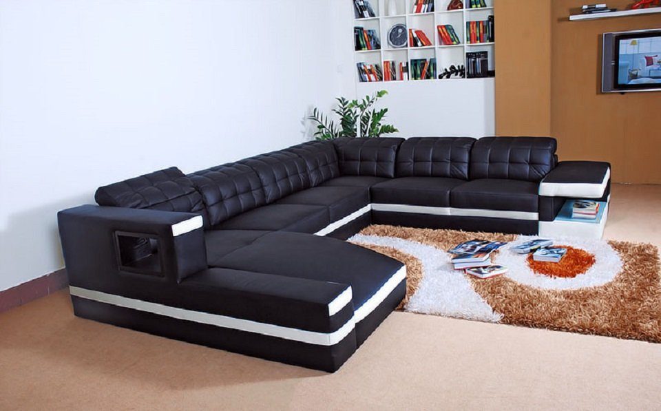 Schwarz/Weiß Europe Designer in Couch JVmoebel Polster Sofa mit Ecksofa Garnitur, Hocker Made Ecksofa