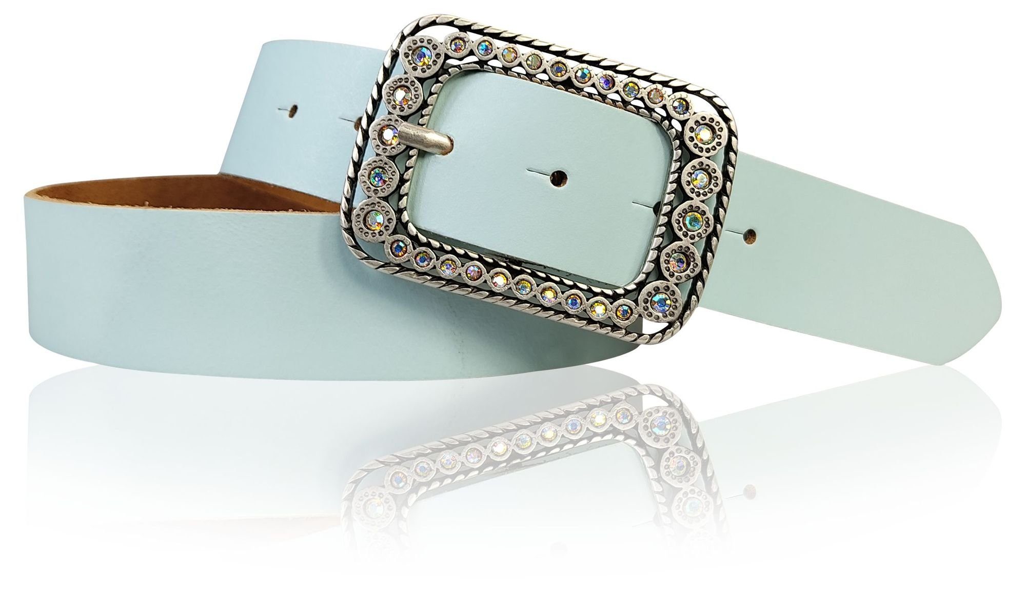 FRONHOFER Hüftgürtel 18793 FRONHOFER Damengürtel 4 cm, silberne Strass Schnalle Aqua | Hüftgürtel