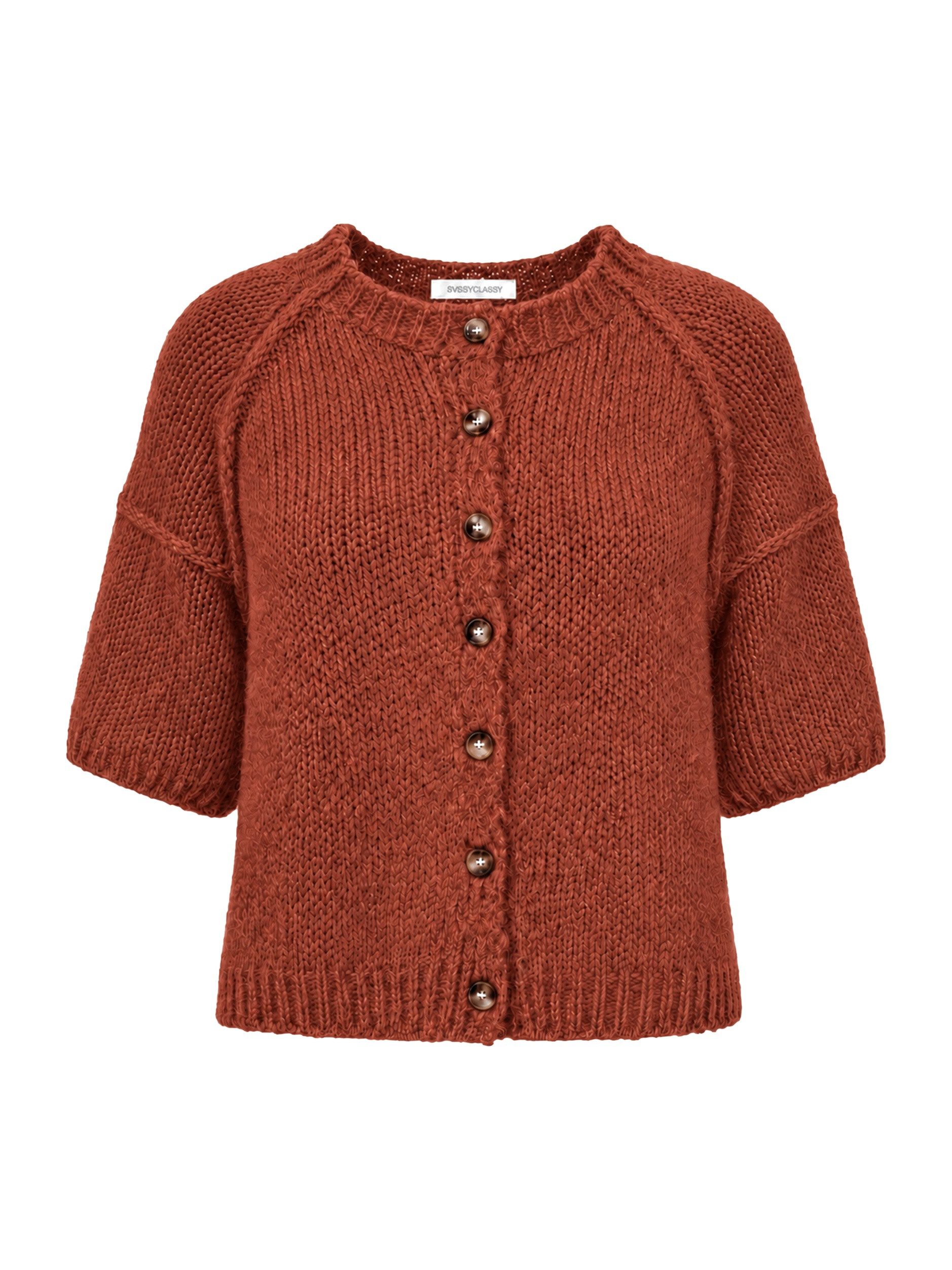 SASSYCLASSY Cardigan Kurzarm Cardigan mit Außennähten Damen Weicher Strickjacke mit Rundhalsausschnitt und Knopfleiste Rostrot – Bild 2 von 5