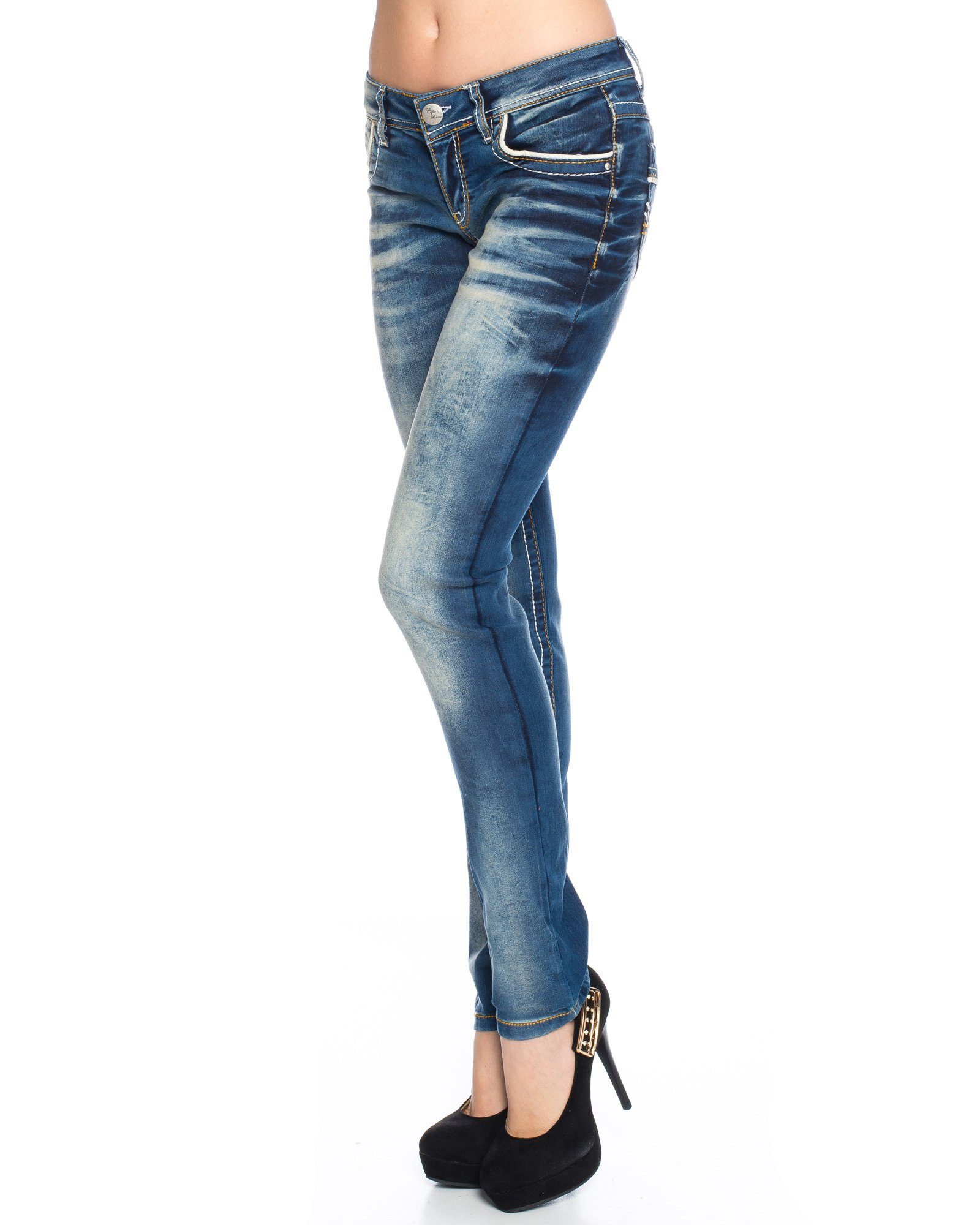 Damen Jeans Hose Gr 38 blau mit dicken Nähten Ziernähten 98% Baumwolle 