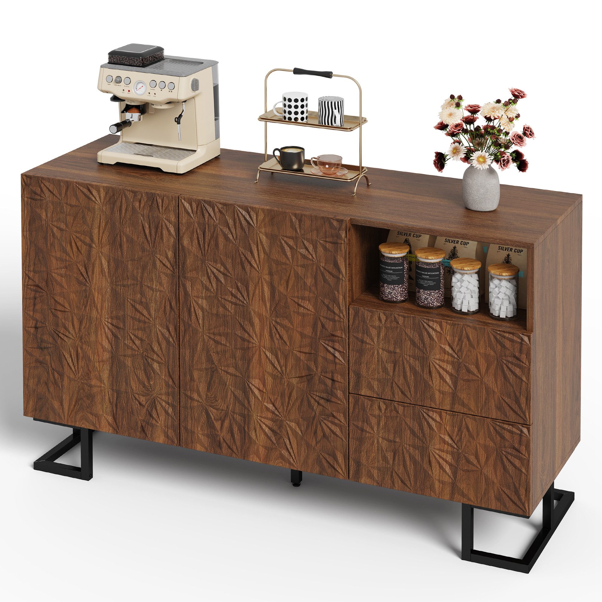PODOFO Schubkastenkommode Sideboard mit Schubladen, Blattrelief-Design, Metallbeine, dunkles Walnuss-Finish