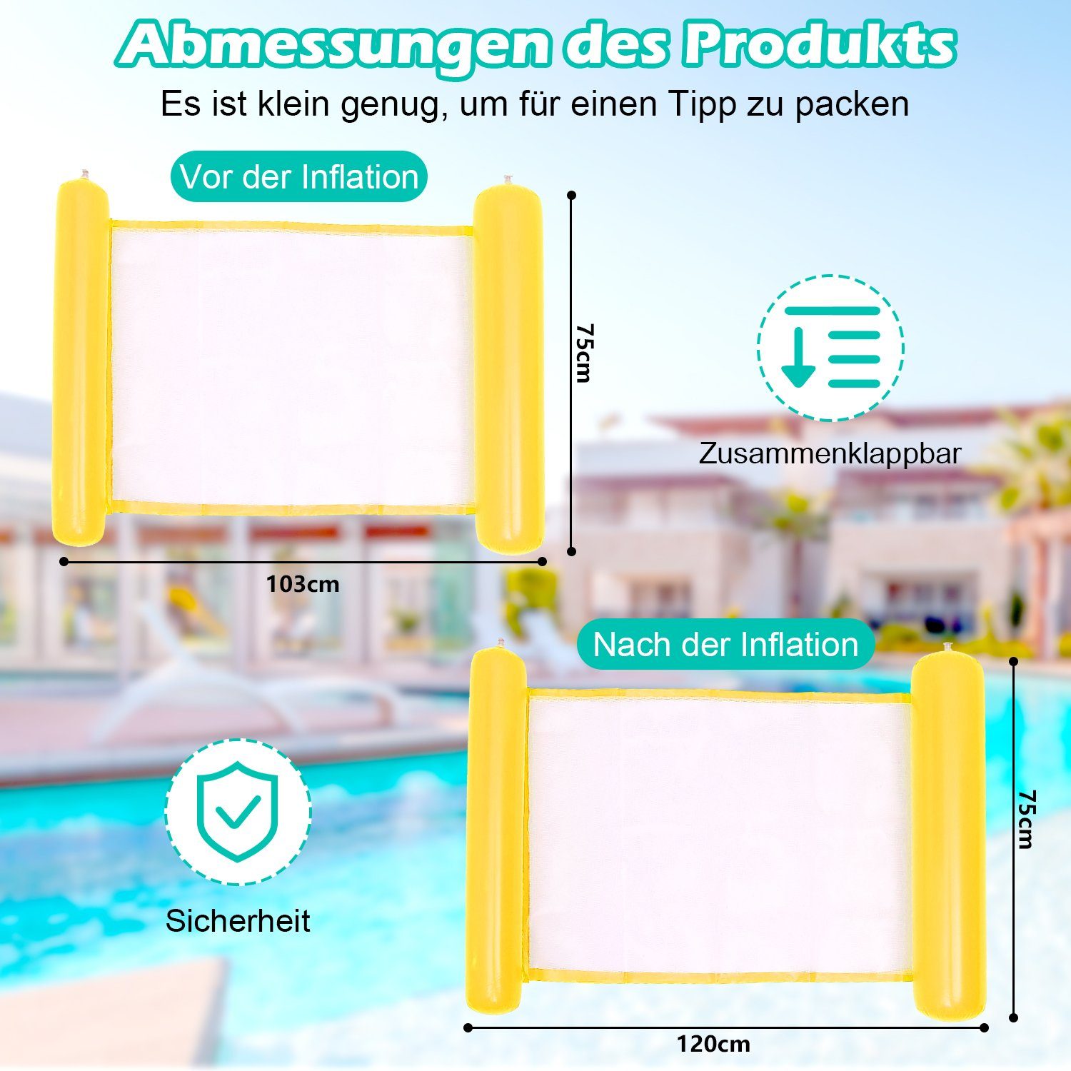 Gimisgu Schwimmreifen Wasserliege Schwimmliege 120X75CM), Gelb Luftmatratze Wassermatratze Lounge aufblasbar 120X75CM Wasserhängematte Schwimmliege (Badeinsel Pool