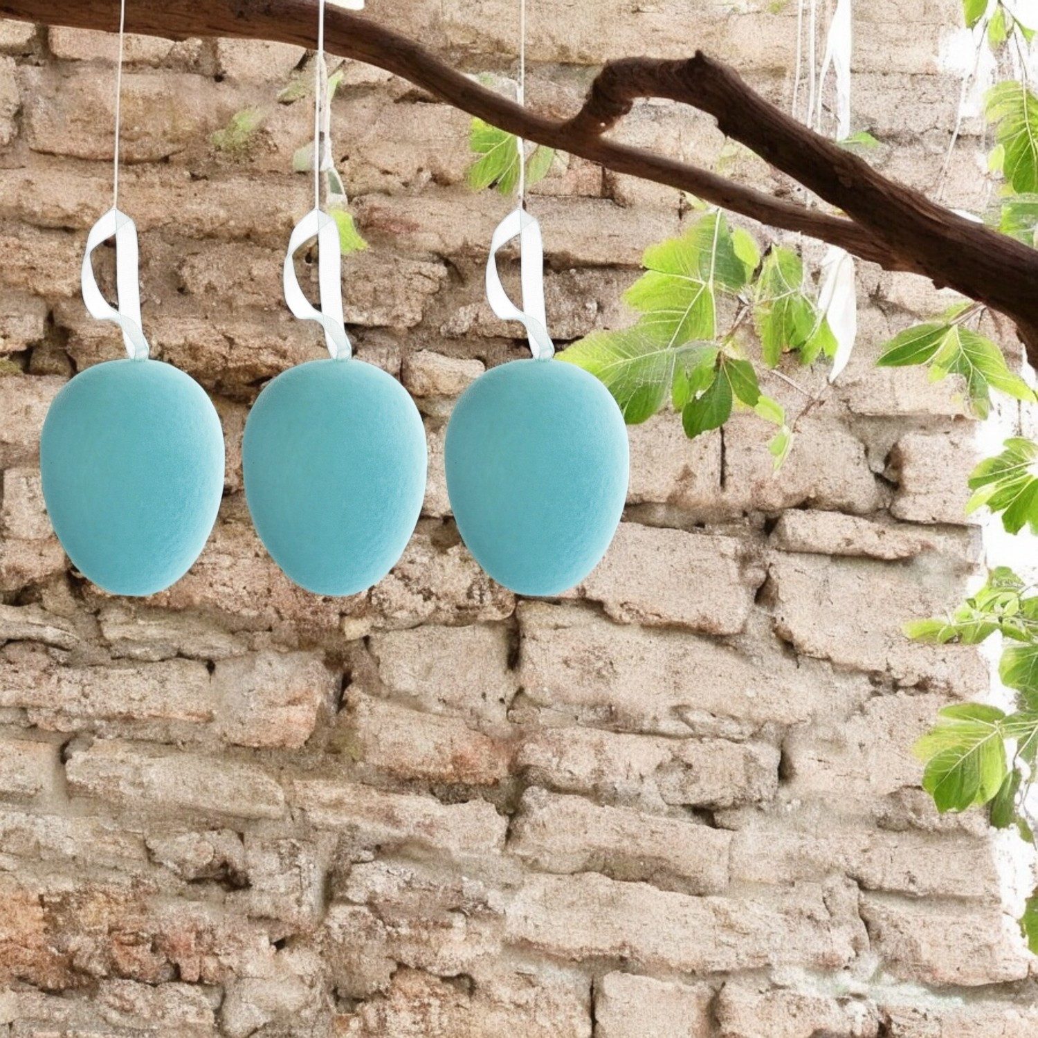 Macosa Home Osterei 3er Set Deko Türkis beflockt Hänger Dekoeier Oster-Dekoration (Hängedeko), Dekoei Osterdekoration