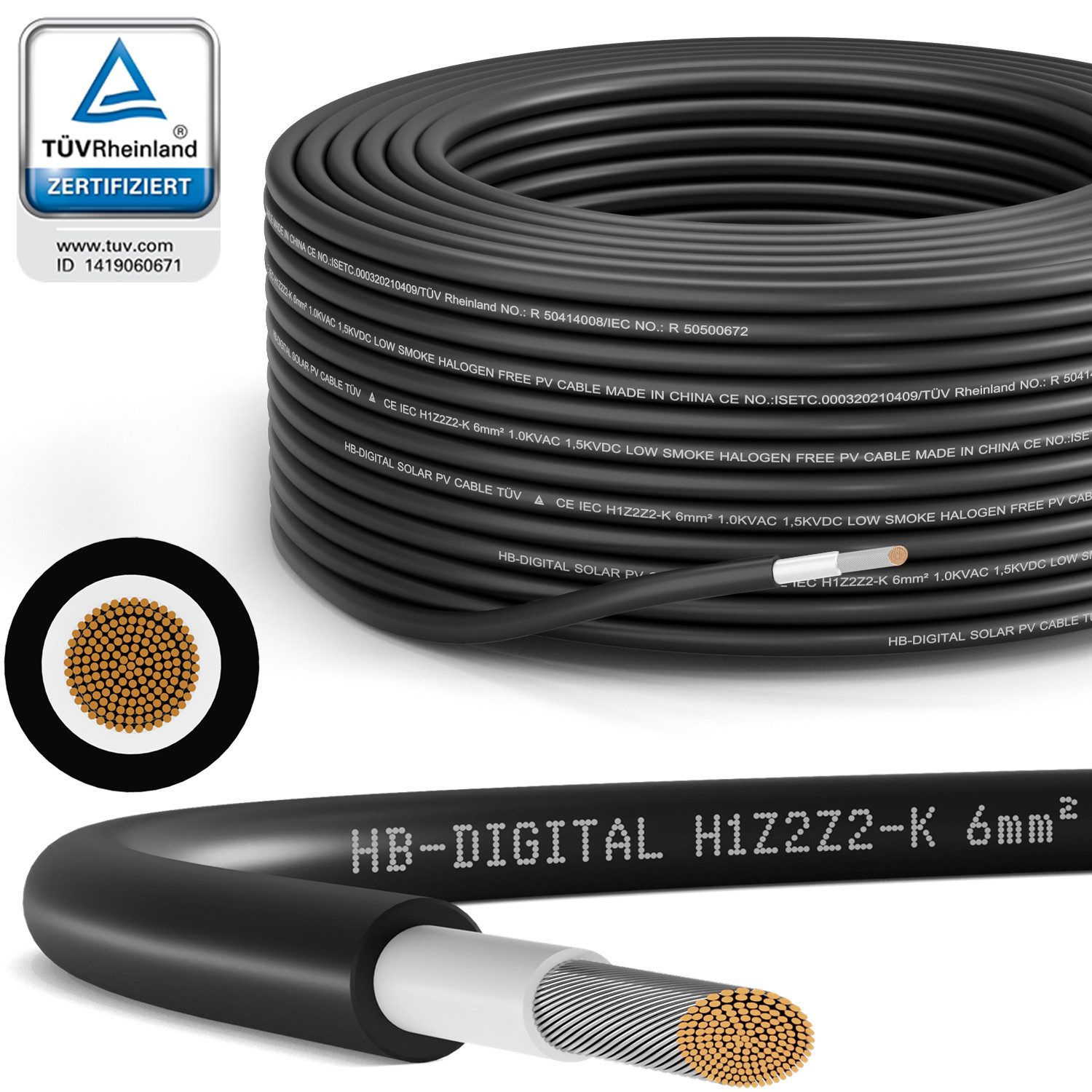 HB-DIGITAL PV Kabel Solarleitung H1Z2Z2-K Photovoltaik 6mm2 Solarkabel, (500 cm), TÜV Rheinland zertifizierte PV Kabel