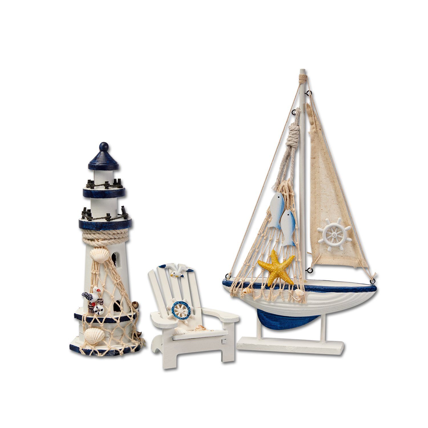 Flanacom Badaccessoires-Sets Maritime Badezimmer Deko - Holz Decor Accessoires, 3er Set, Leuchtturm, Segel-Schiff und Strand-Stuhl