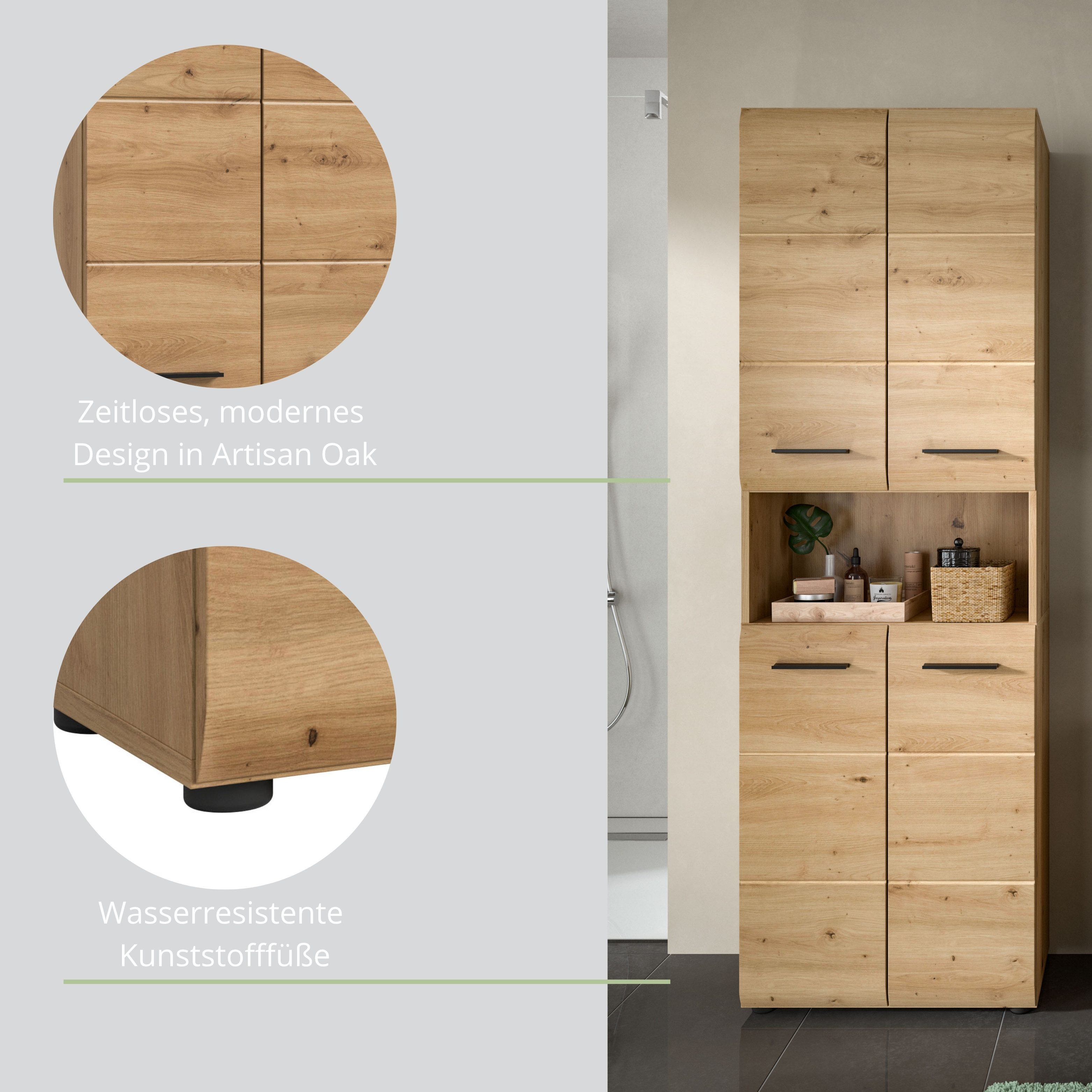 furnling Stauraumschrank Ivy - moderner Badschrank mit 4 Türen, 4 Einlegeböden, viel Stauraum offenes Fach, pflegeleichte MDF Front, Hochschrank, Artisan Oak – Bild 4 von 5