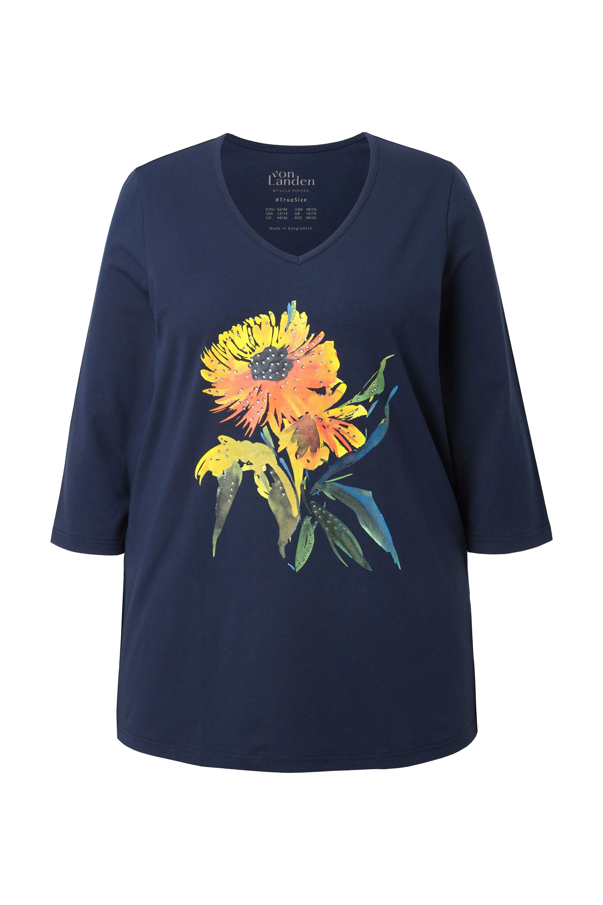 Ulla Popken T-Shirt Shirt Sonnenblume A-Linie V-Ausschnitt 3/4-Arm günstig online kaufen