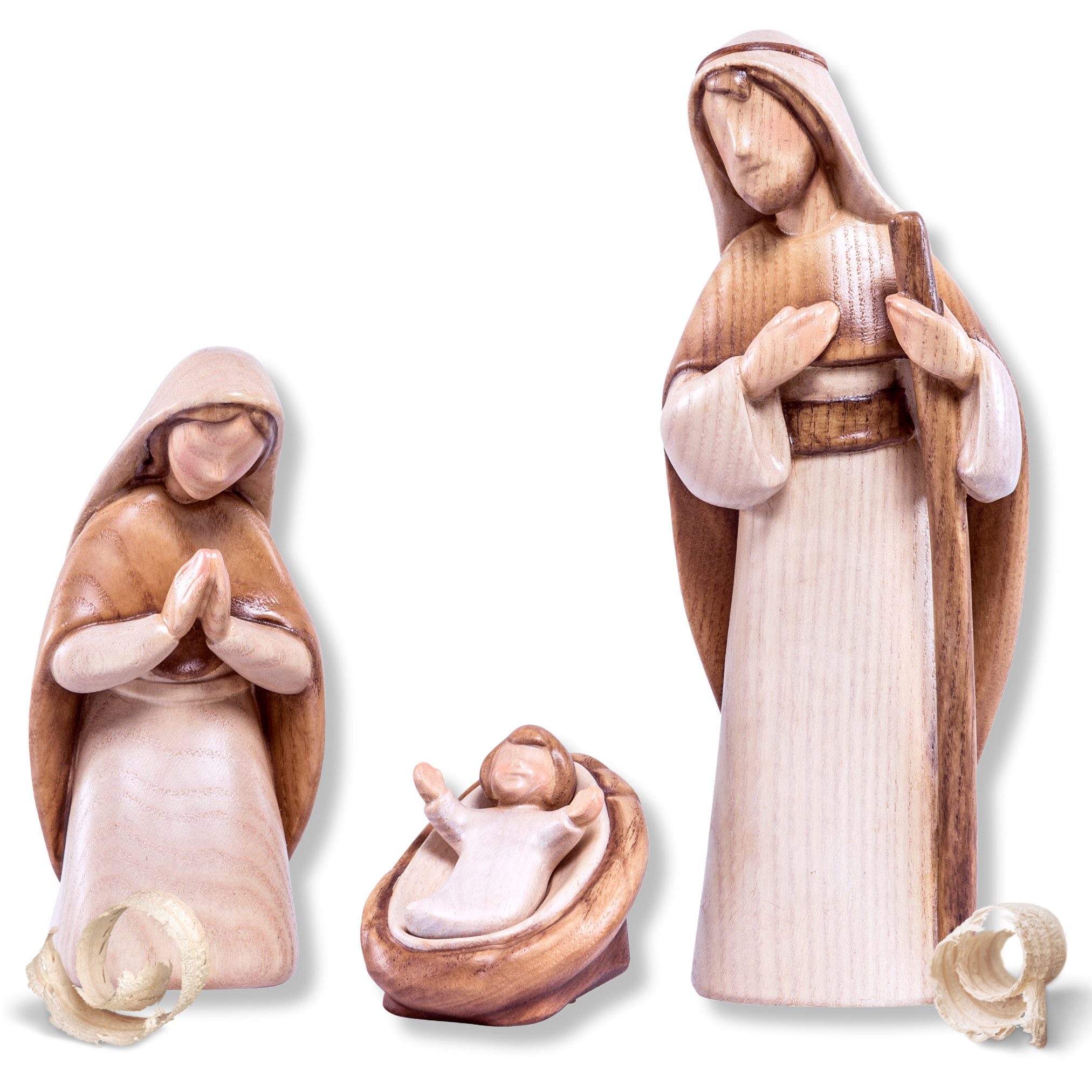 Akantus Krippe Moderne Krippenfiguren aus Holz: Heilige Familie (gebeizt), holzgeschnitzt, handbemalt, Ahornholz, Made in Südtirol