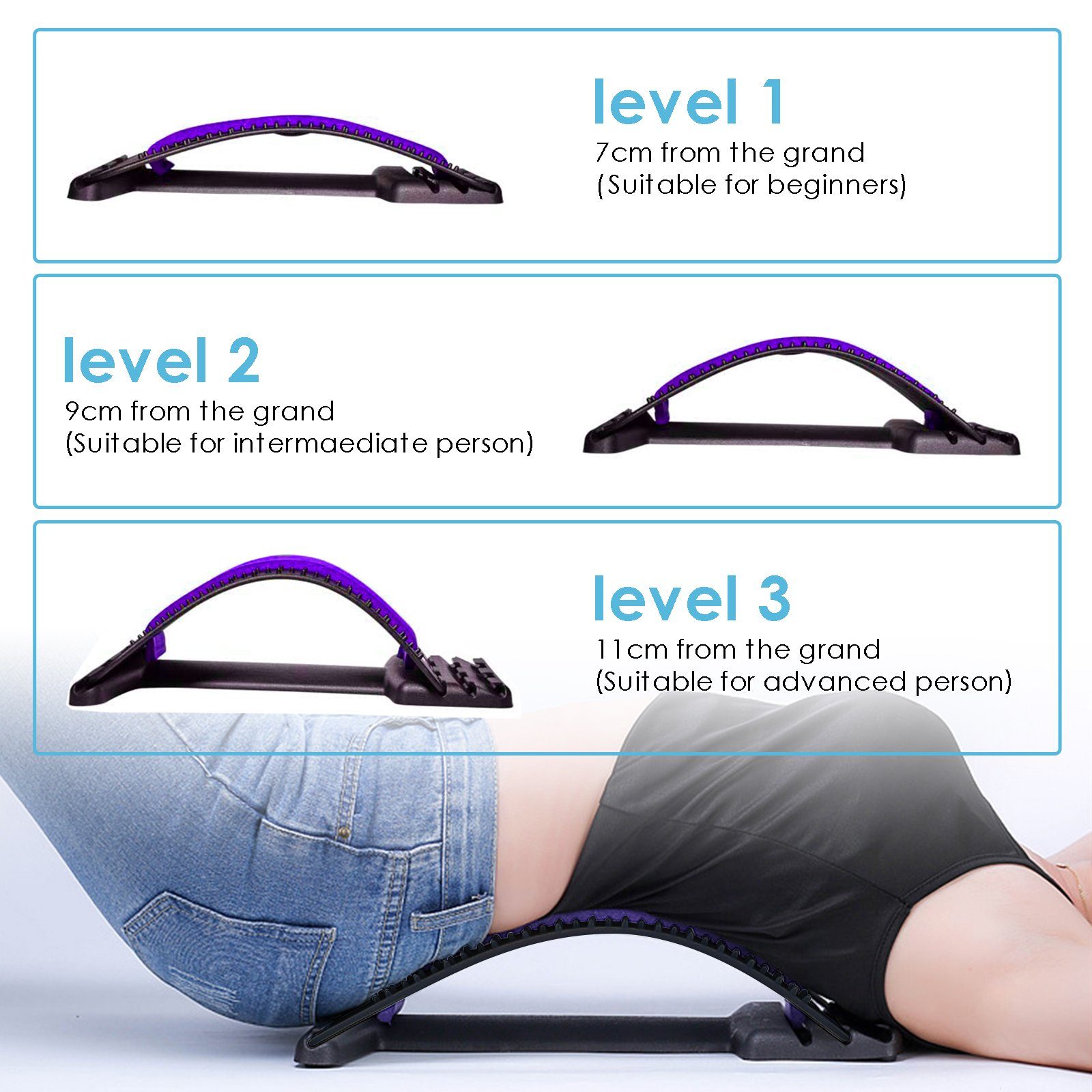Clanmacy Vorratsglas Back Rückenschmerzen Linderung und Rückenstrecker, für 3 Stufen Unterstützung, Rückendehner Stretcher Lendenwirbelsäule Rückenmassage Einstellbar Entspannung Lila