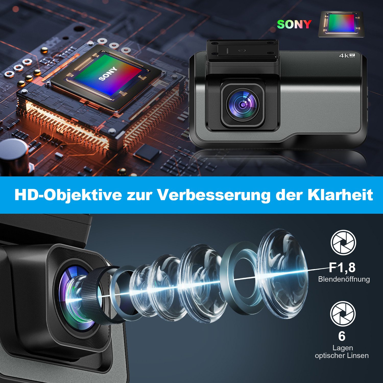 CkeyiN Dashcam Auto 4K 1080P 2-Kanal 170° Weitwinkel mit 32GB TF-Karte WDR Dashcam (4K Ultra HD, 3'' IPS-Bildschirm, mit Nachtsicht, G-Sensor, Loop-Aufnahme Wif – Bild 4 von 5