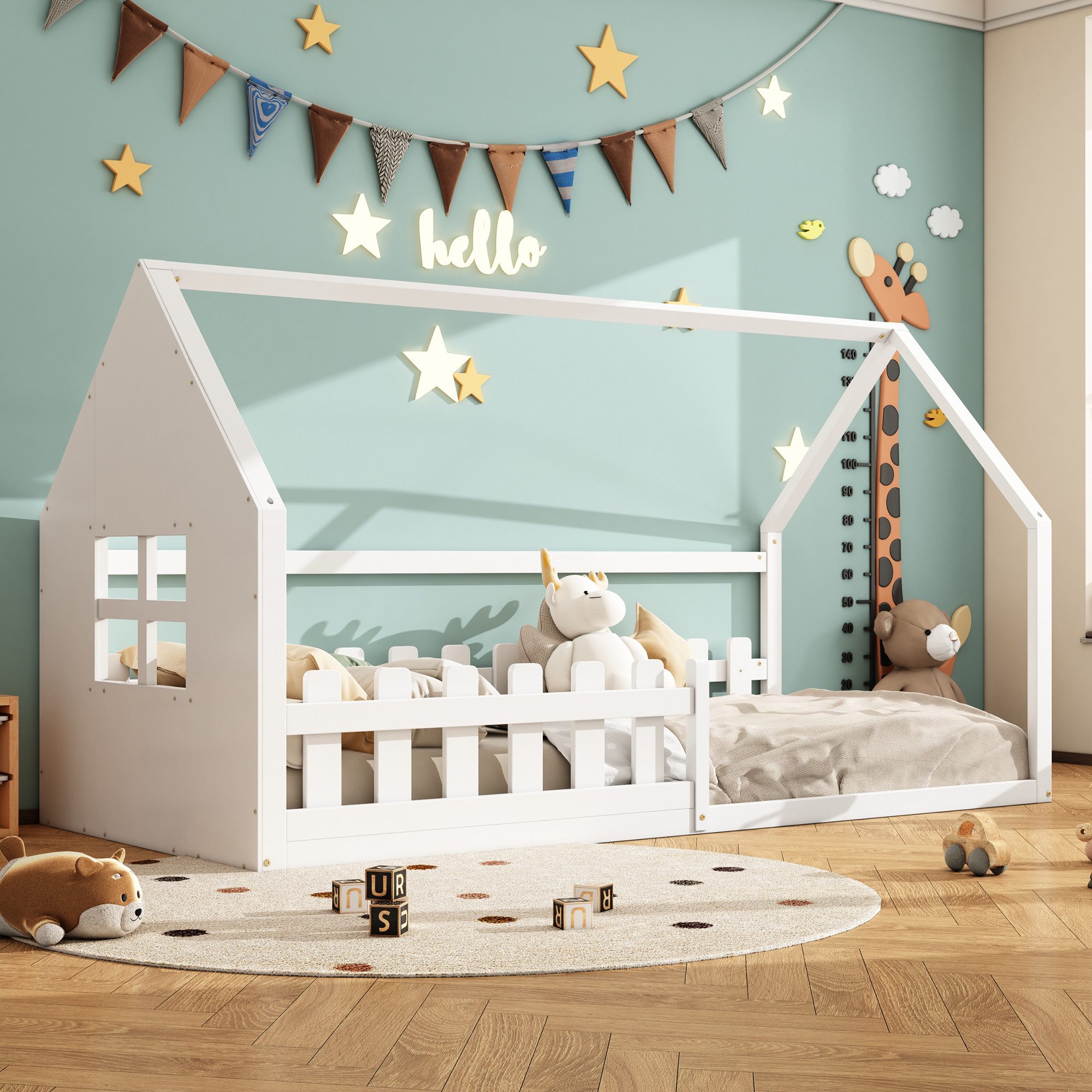 Flieks Massivholzbett, Kinderbett Hausbett Einzelbett 90x200cm mit Lattenro günstig online kaufen