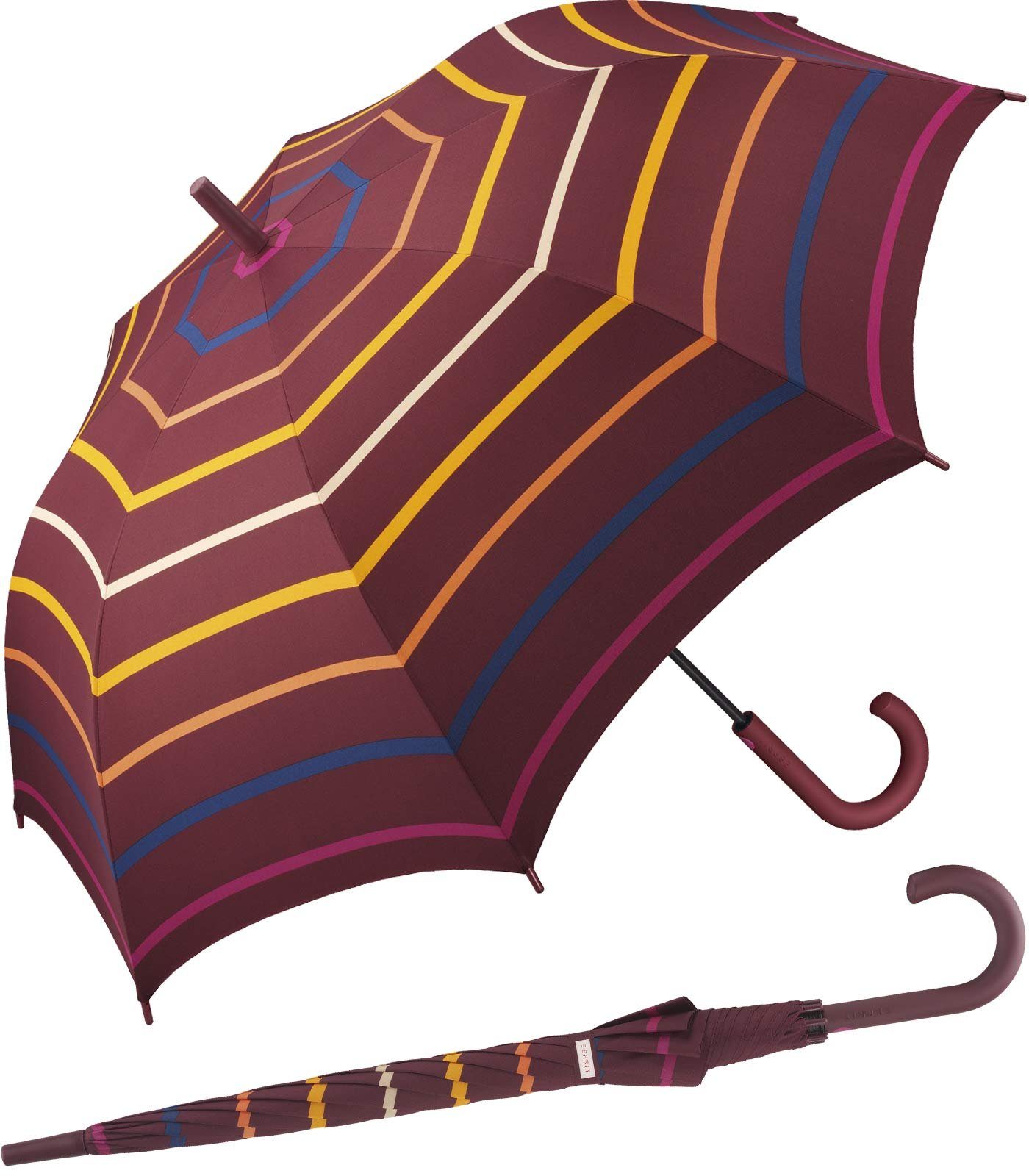 Esprit Langregenschirm großer Regenschirm für Damen mit Auf-Automatik, stabil, leicht, mit Streifen in warmen Farbtönen