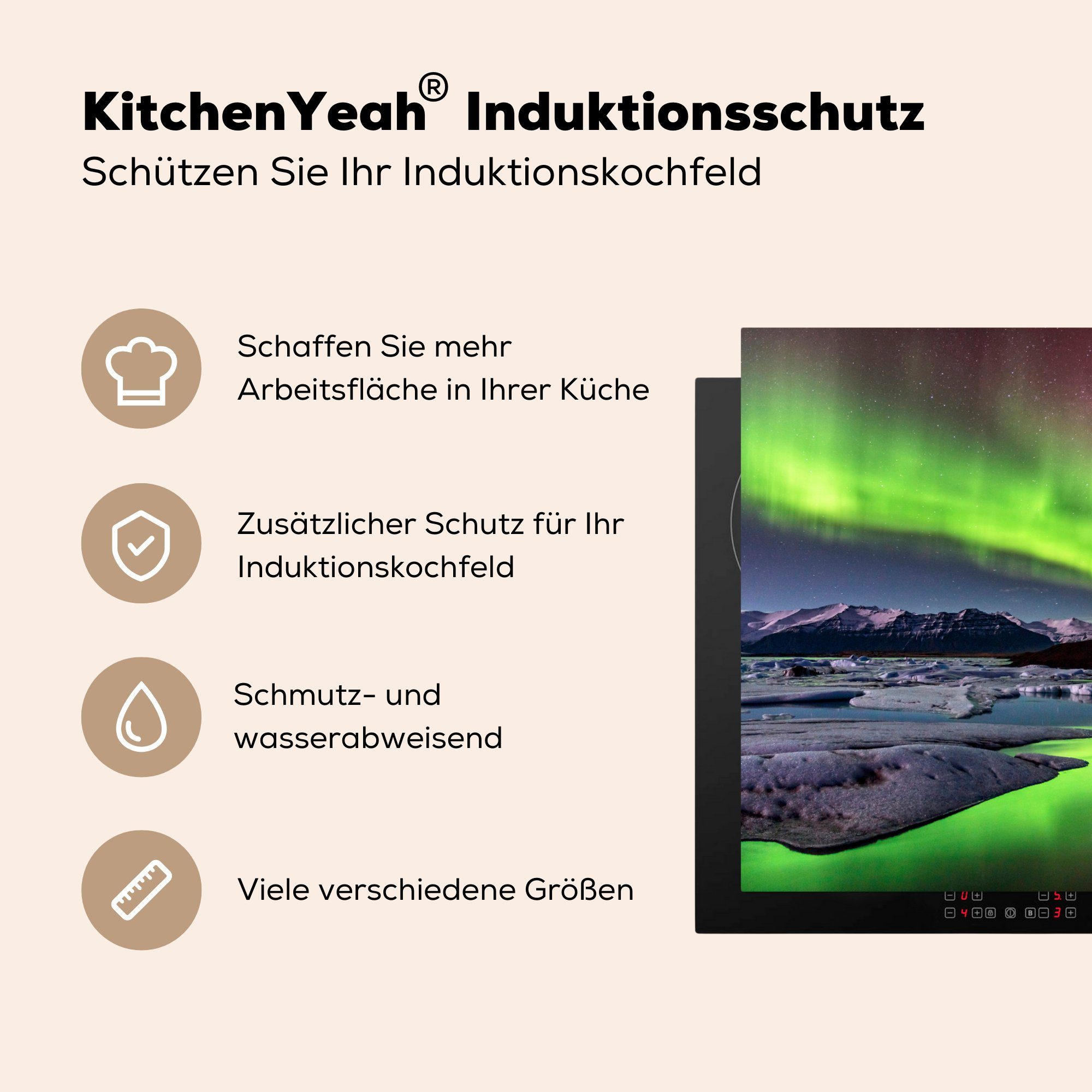 cm, küche tlg), Herdblende-/Abdeckplatte Grün, (1 Nordlichter - Island - Arbeitsplatte 78x78 für Ceranfeldabdeckung, Vinyl, MuchoWow