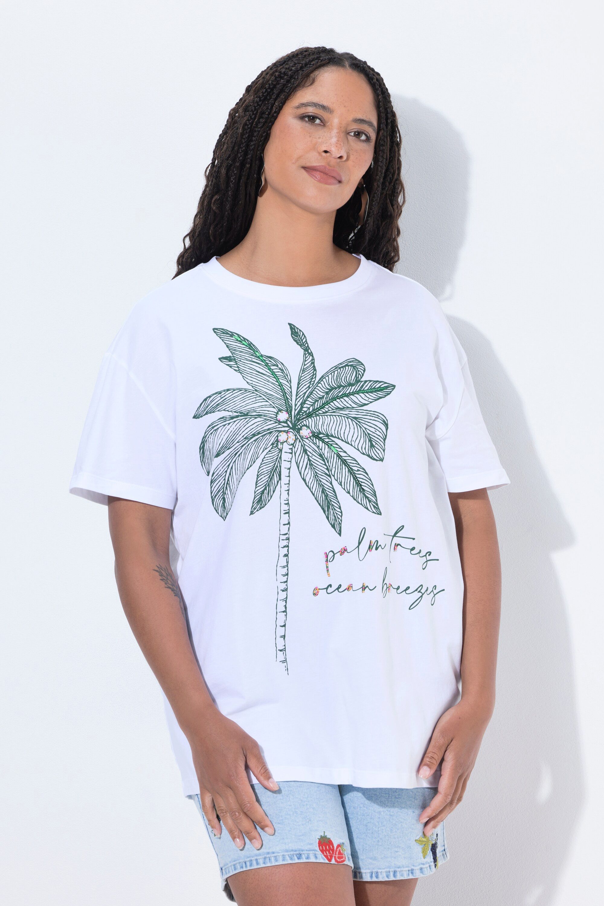 T-Shirt T-Shirt Boxy Fit Pailletten Palmen-Motiv