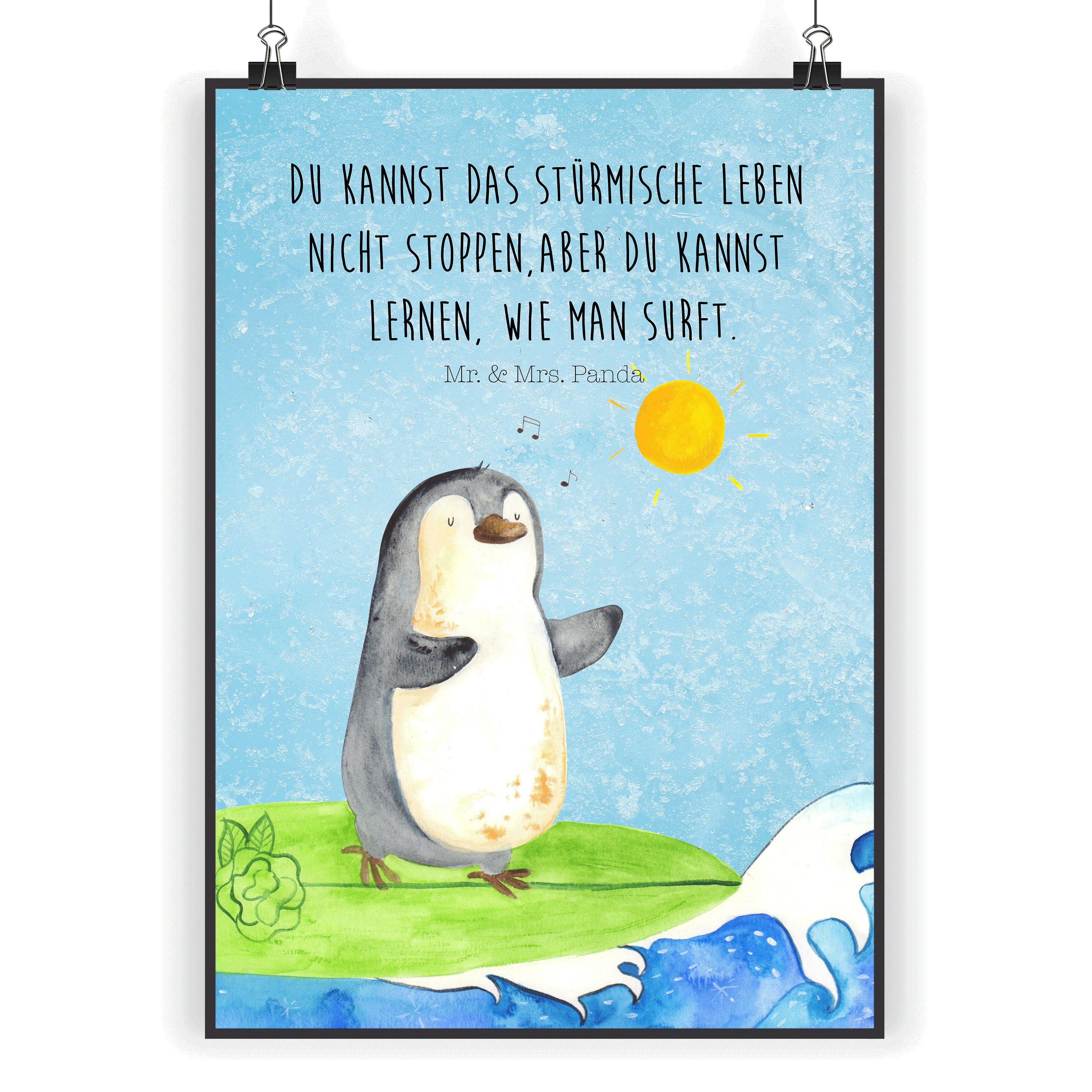 Mr. & Mrs. Panda Poster Pinguin Surfer, Bild DIN A3, Eisblau, Hawaii, Optimistis