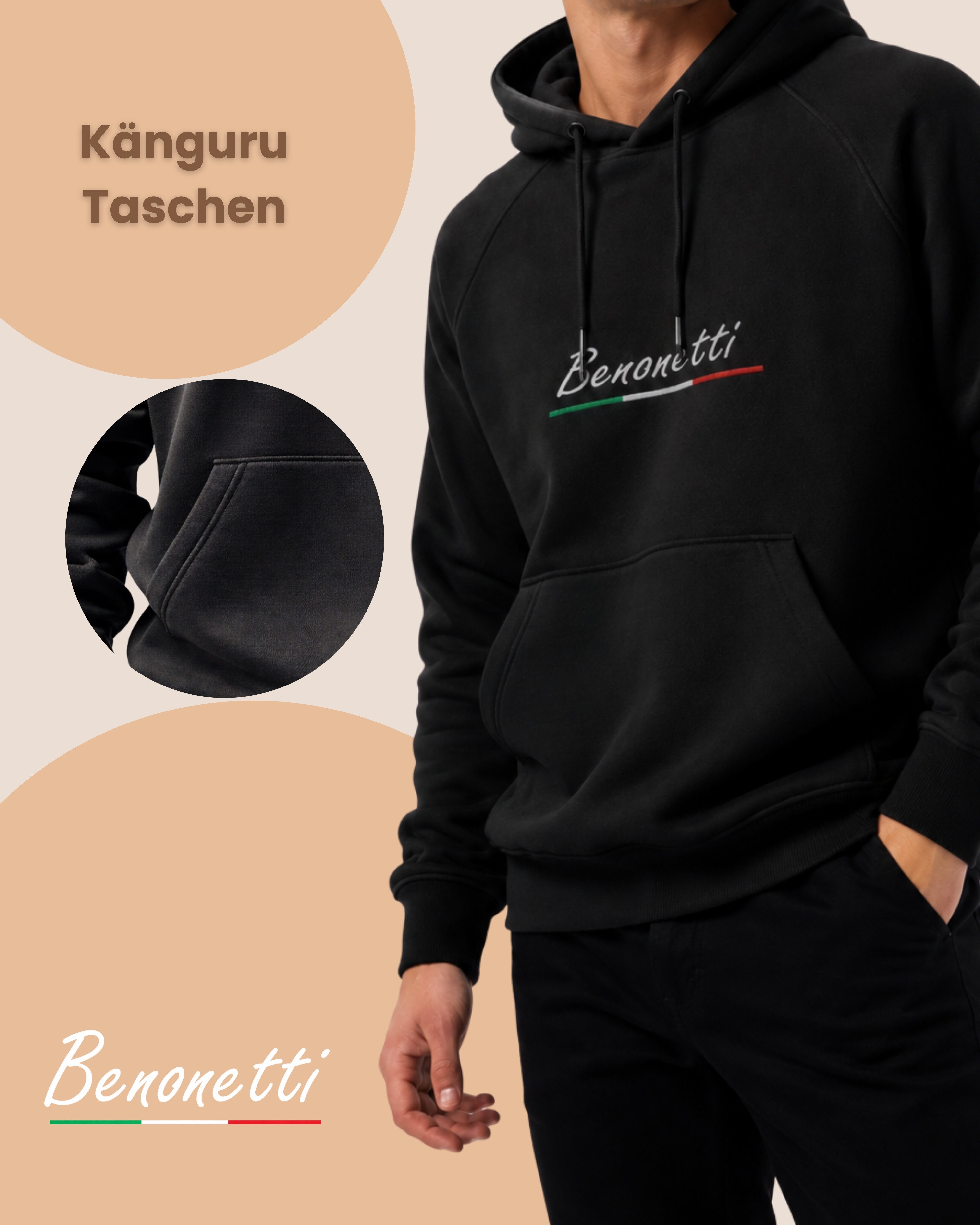 Benonetti Hoodie Premium Unisex Hoodie –Baumwolle Streetwear kapuzenpullover in Schwarz Mit Komfortbund und Logo, ohne kratzenden Zettel