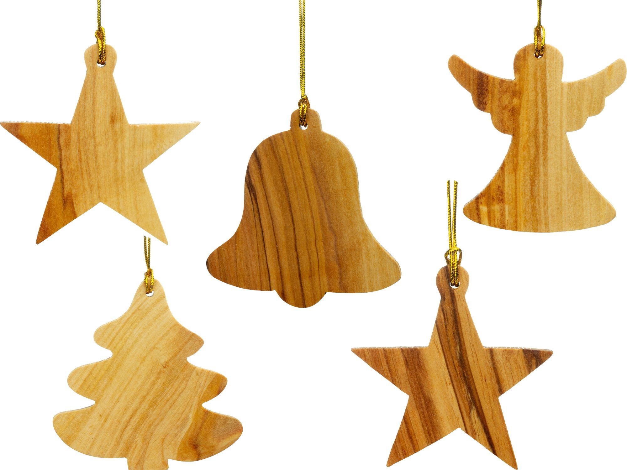 SIKORA Christbaumschmuck OH-SET8 Baumschmuck Olivenholz Anhänger aus Bethlehem STERNE BAUM ENGEL GLOCKE 5er Set