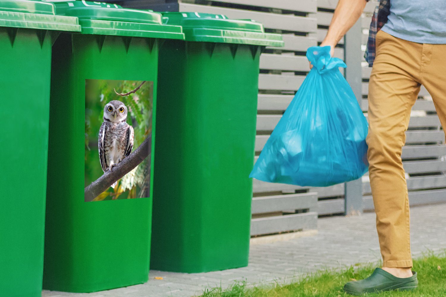 Mülltonne, Ast St), Sticker, Eule MuchoWow Abfalbehälter Mülleimer-aufkleber, Wandsticker auf (1 sitzend Container,