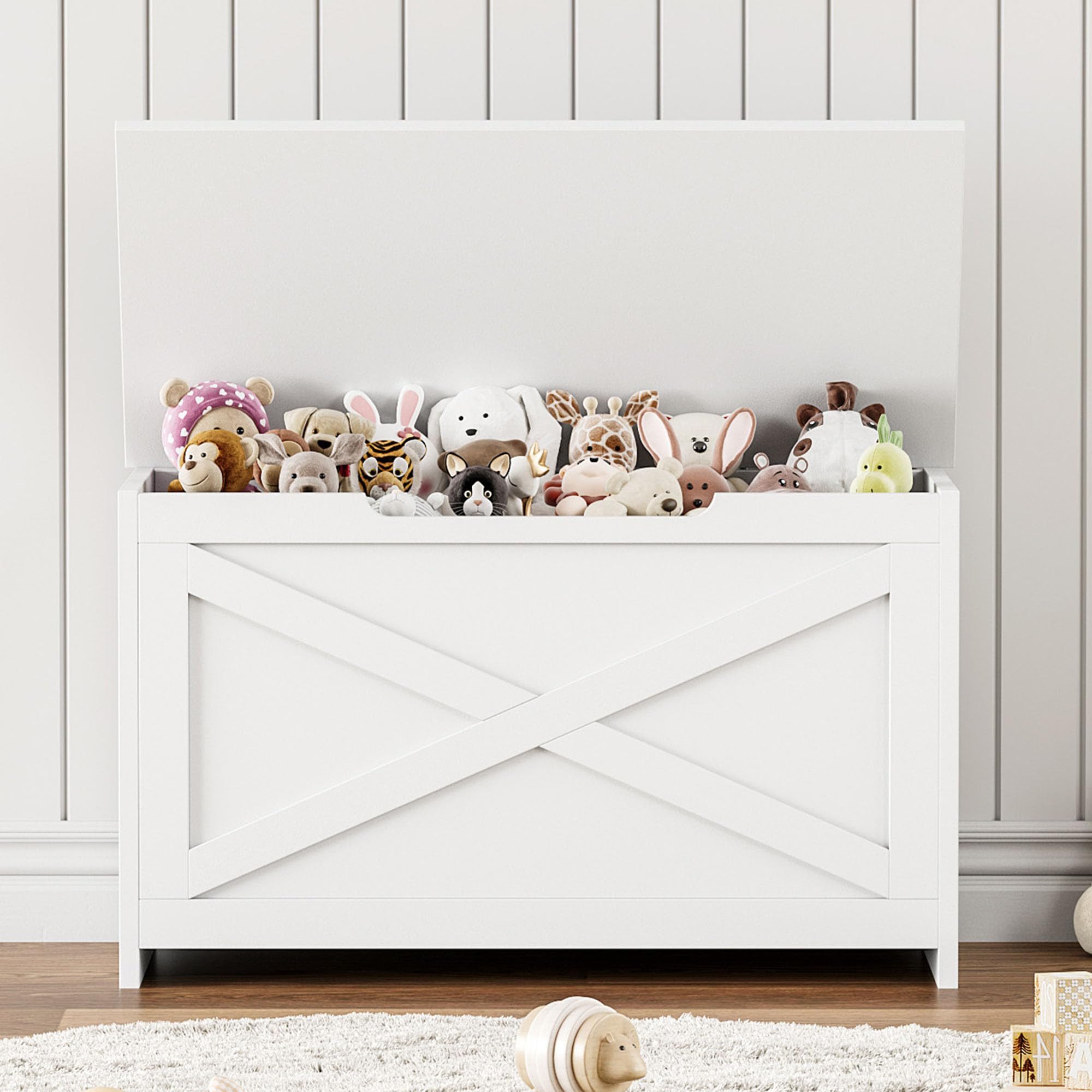 GarveeMore Sitztruhe Aufbewahrungsbox, Sicherheitsscharnier, seitliche Griffe, 75x40x45 cm, 136 kg Traglast, braun/rosa/weiß/grau