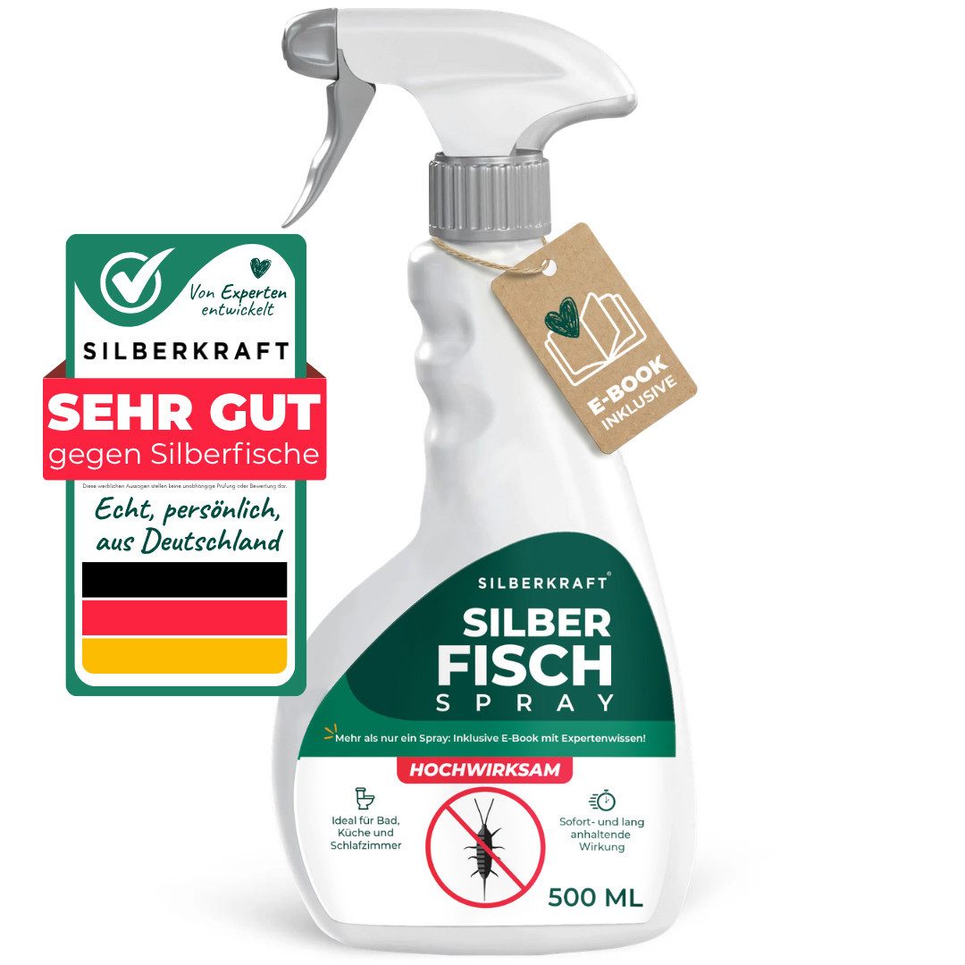 Silberkraft Insektenspray Silberfischspray inkl. E-Book, Sofort- und Langzeitwirkung, 500 ml, gezielte Anwendung in Ritzen & Laufwegen, Made in Germany