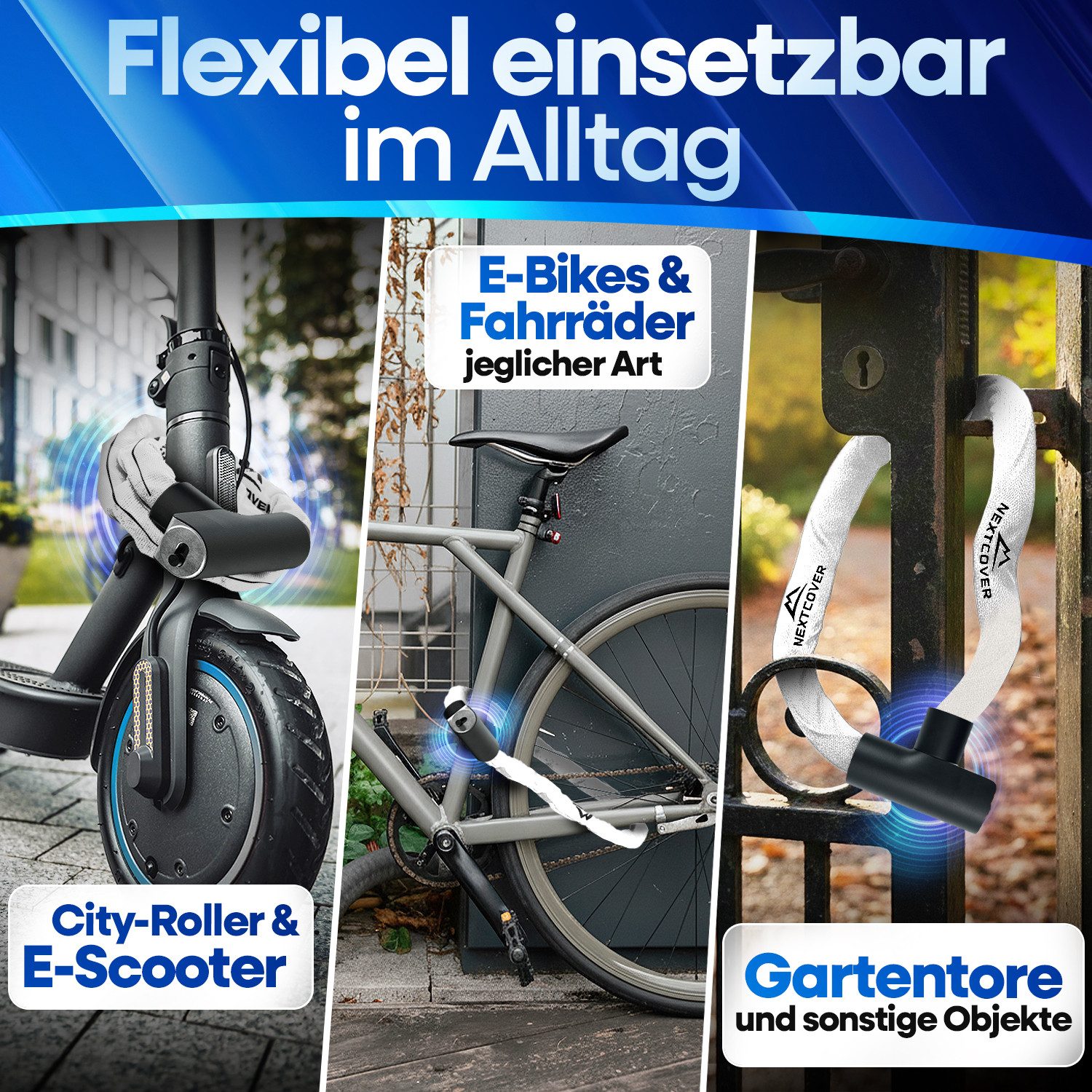 Nextcover Kettenschloss NEXTCOVER® Fahrradschloss LockOne mit Zahlencode oder Schlüssel